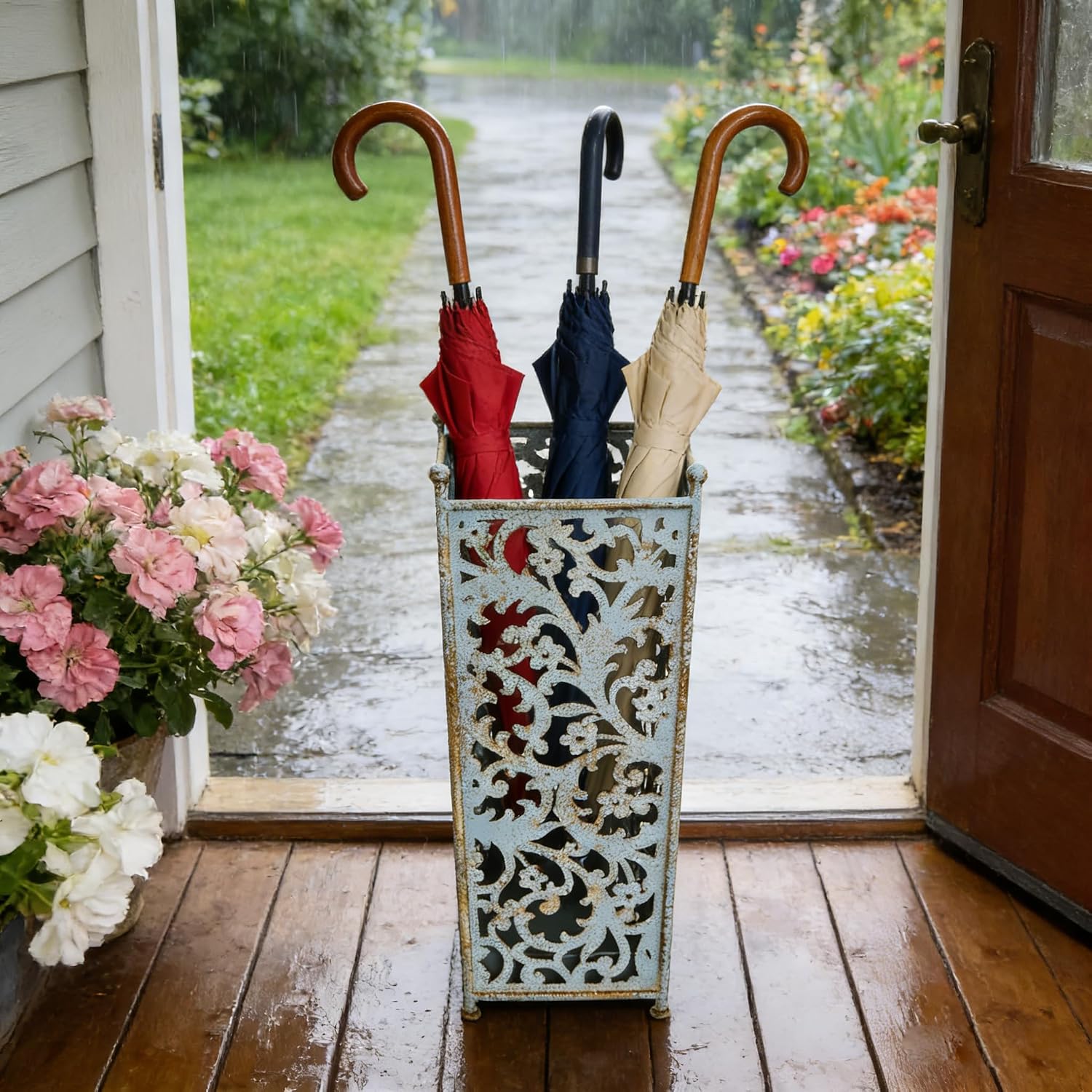 Vintage Blue Metal Umbrella Holder with Ornate Cutout Pattern Antique Decorative Umbrella Stand with Detachable Drip Tray for Entryway Storage Umbrellas Canes & Walking Sticks (Blue)
