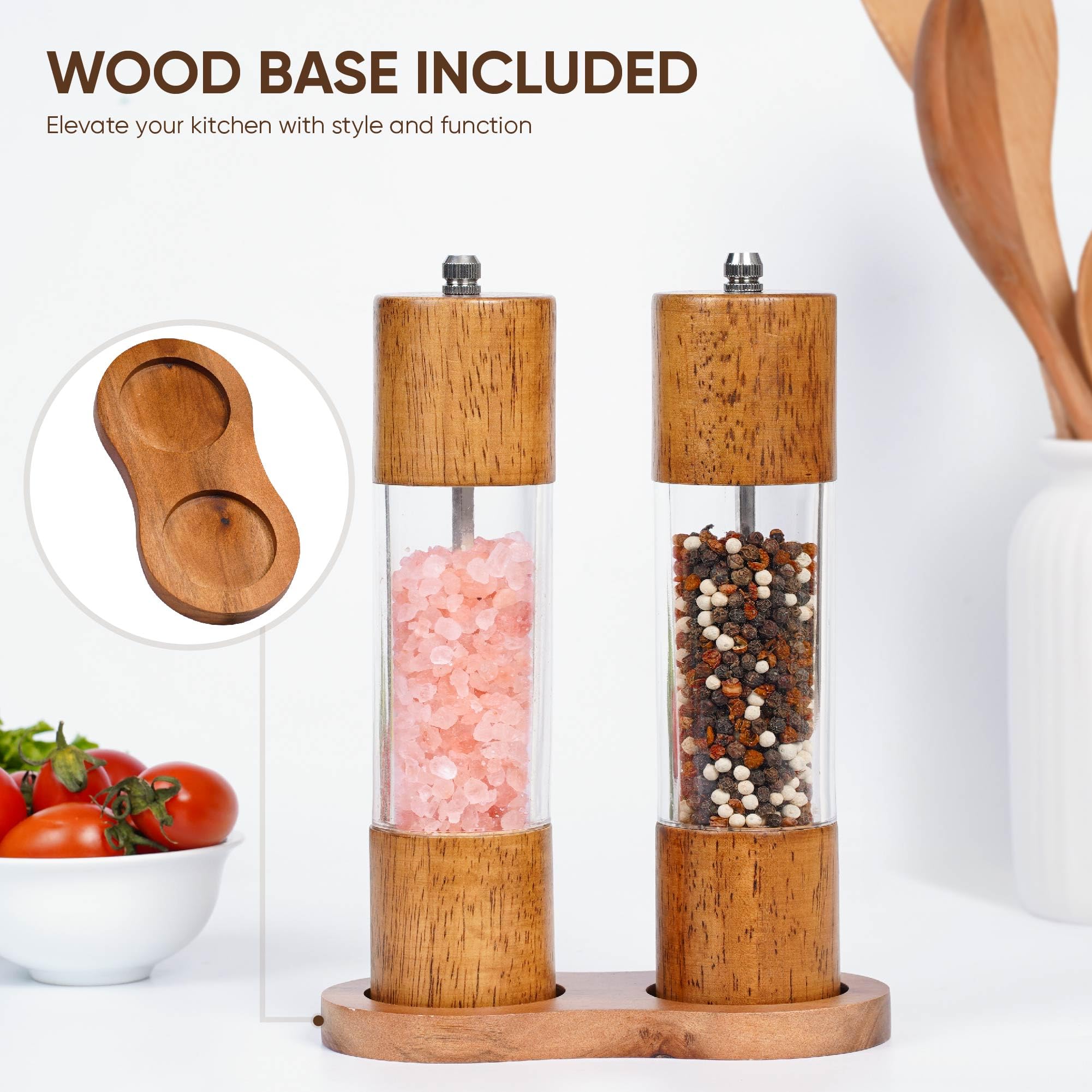Wooden Salt and Pepper Grinder Set | 8-Inch Manual Acrylic Mills with Adjustable Ceramic Grinding Mechanism | Includes 2 Grinders + Wood Base | Premium Salt and Pepper Grinders by BING-US