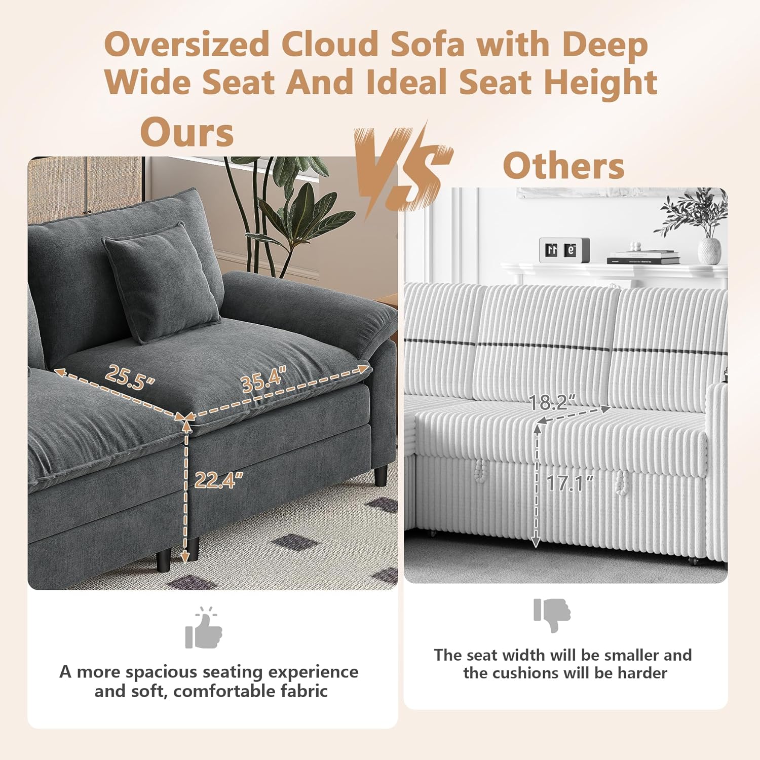 Setawix Modular Sectional Sofa Couch for Living Room,Fluffy Oversized 2 Seater Cloud Sofas with Deep Seat,Modern Chenille Upholstered 2-Seat Loveseat Couch with Pillows (Grey, 2 Seater)