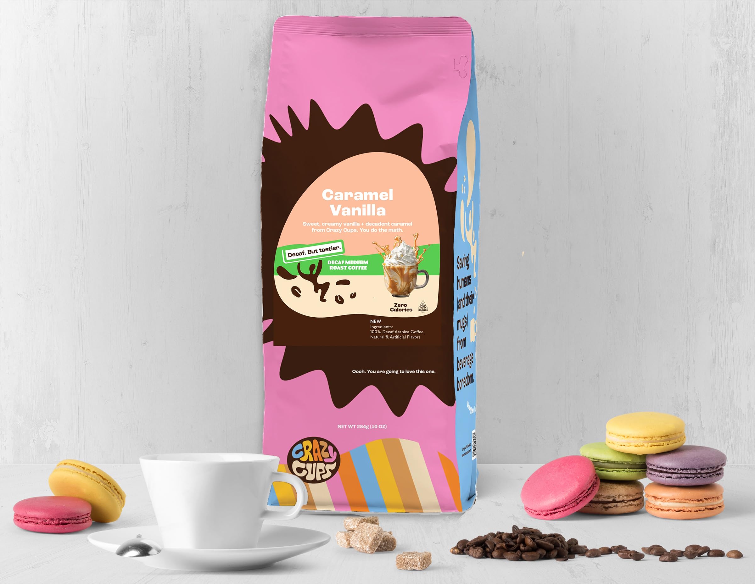 Crazy Cups Café moulu au goût décaféiné, caramel et vanille, en sachet de 284 ml, pour infuser du café chaud aromatisé ou décaféiné