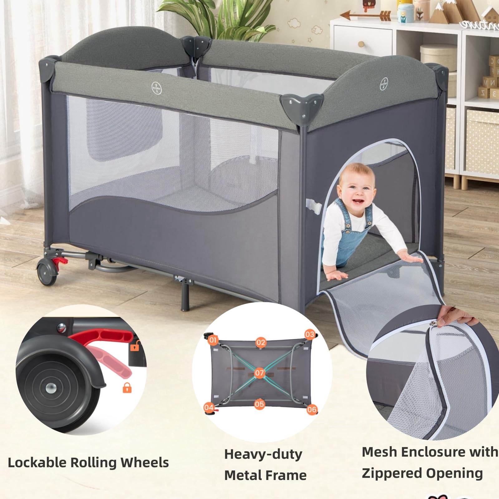 LIFEZEAL Lit Parapluie Pliant 2 Niveaux avec Matelas, 4 Hauteurs Réglables, Lit Voyage 110x76x76cm, Sac de Transport, Lit d'Appoint Bébé Table à Langer et Jouets, Charge de 15 kg, 0-9 Mois (Bleu)