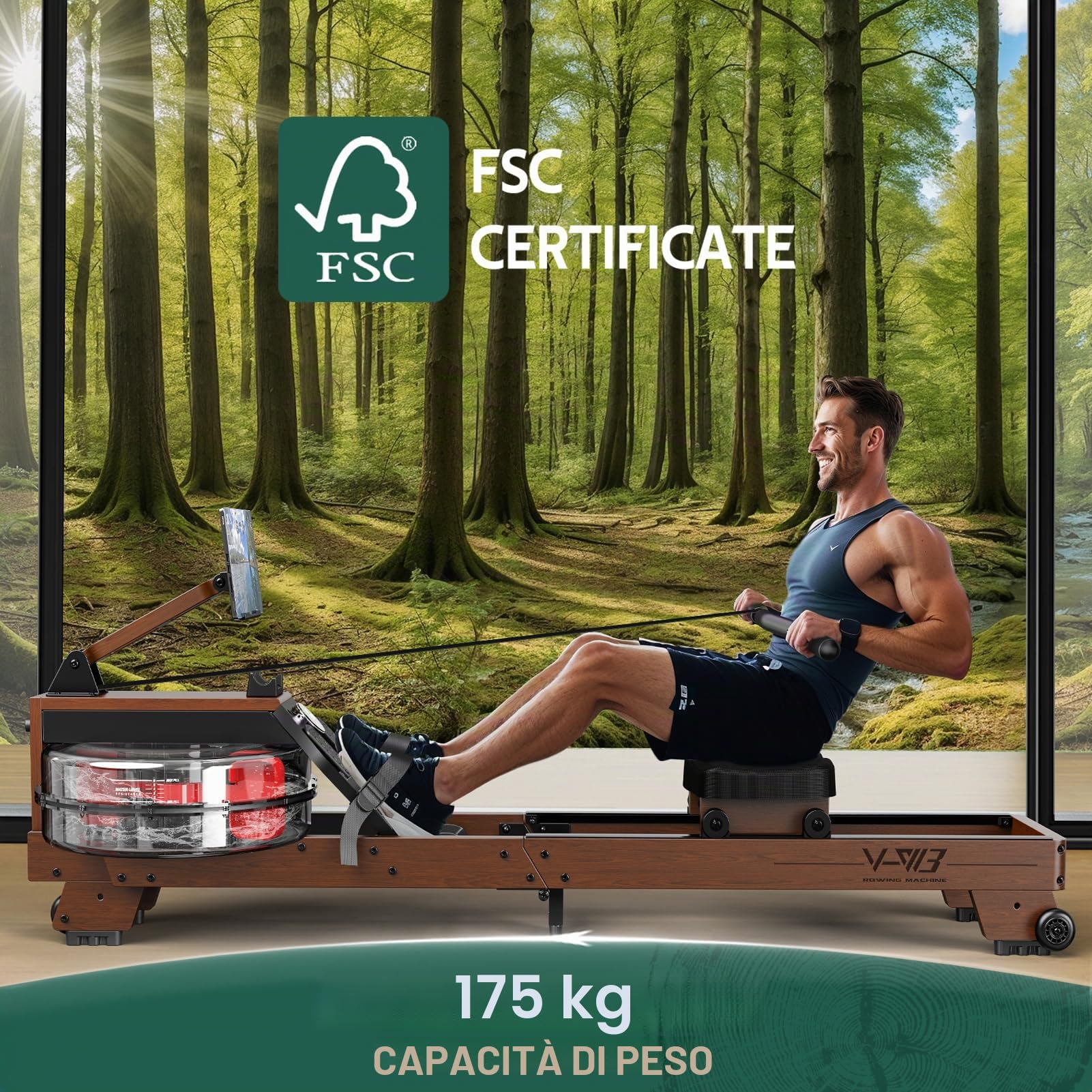 Vogatore Pieghevole per Casa - Costruzione in Legno di Alta Qualità, Rower ad Acqua Bluetooth, Facilmente Pieghevole, Altezza Utente Idonea da 1,2m~2m, Carico Massimo 175 kg, Garanzia di 2 Anni