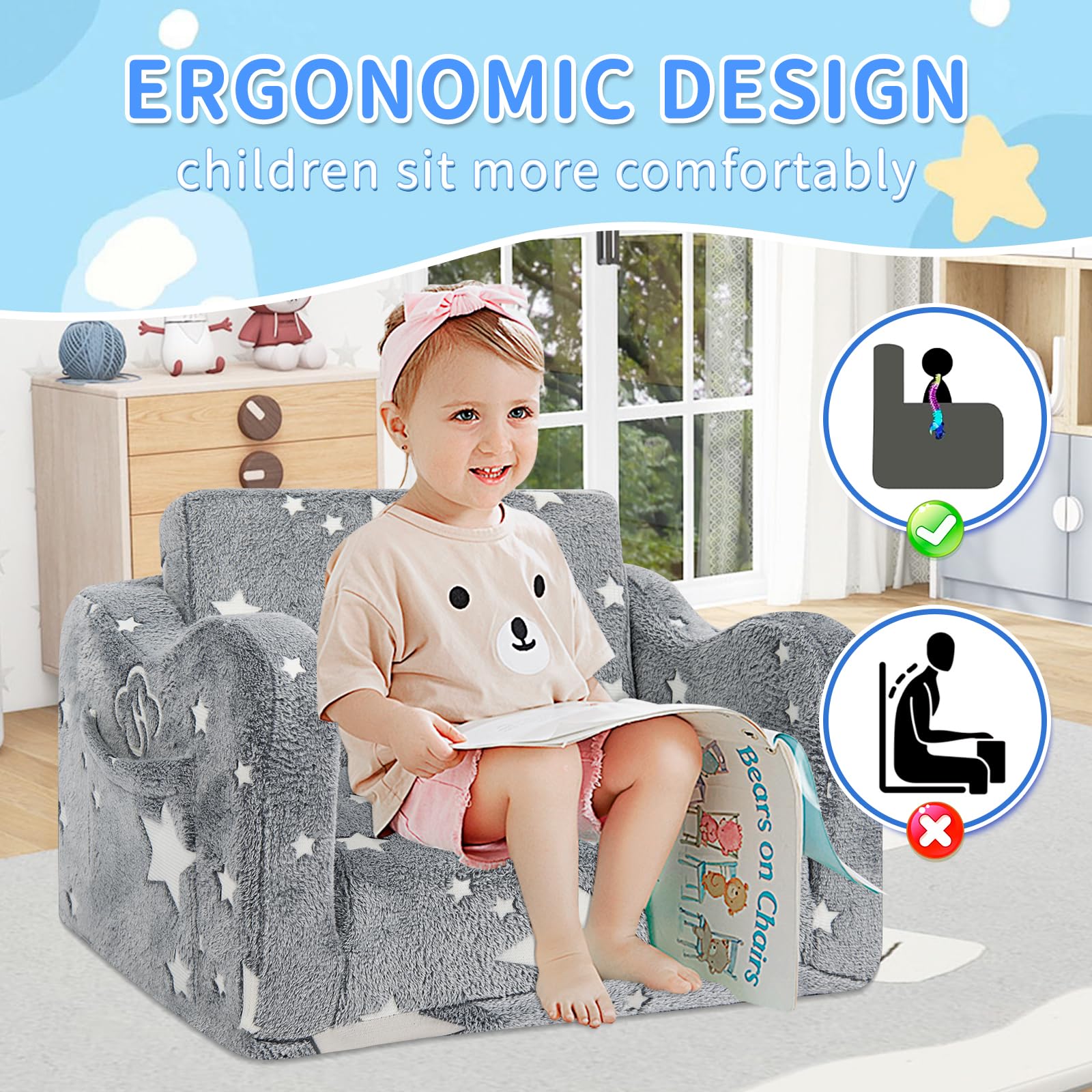 Sofá infantil 2 en 1 que brilla en la oscuridad, cómodo y suave y plegable para niñas y niños 2