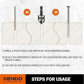 KENDO 5PCS Countersink Drill Bit Set, High Speed Steel Countersink Bits, 82 Degree 5 Flute Pieces, 1/4 Inch Hex Shank, Fit for Sink Holes into Metals, Wood, Plywood, Plastic with Aluminum Case