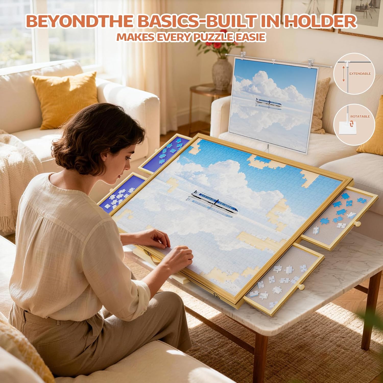 1500 Pcs Portable Jigsaw Puzzle Board with 4 Drawers and Cover, Adjustable Puzzle Table, Frame for Wall Art Display 33.3"x24.2"