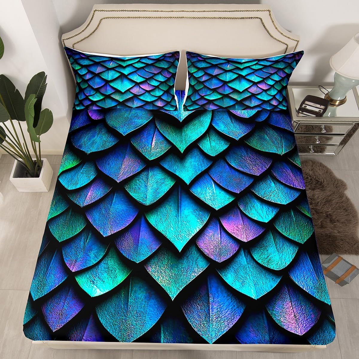 Erosebridal Dragon Scale Sheet Set Queen Size Wild Animal Skin Bed Sheets,Glitter Psychedelic Animal Hide Fitted Sheet Novelty Wild Safari Theme Wildlife Room Decor,Teal Blue Green Purple