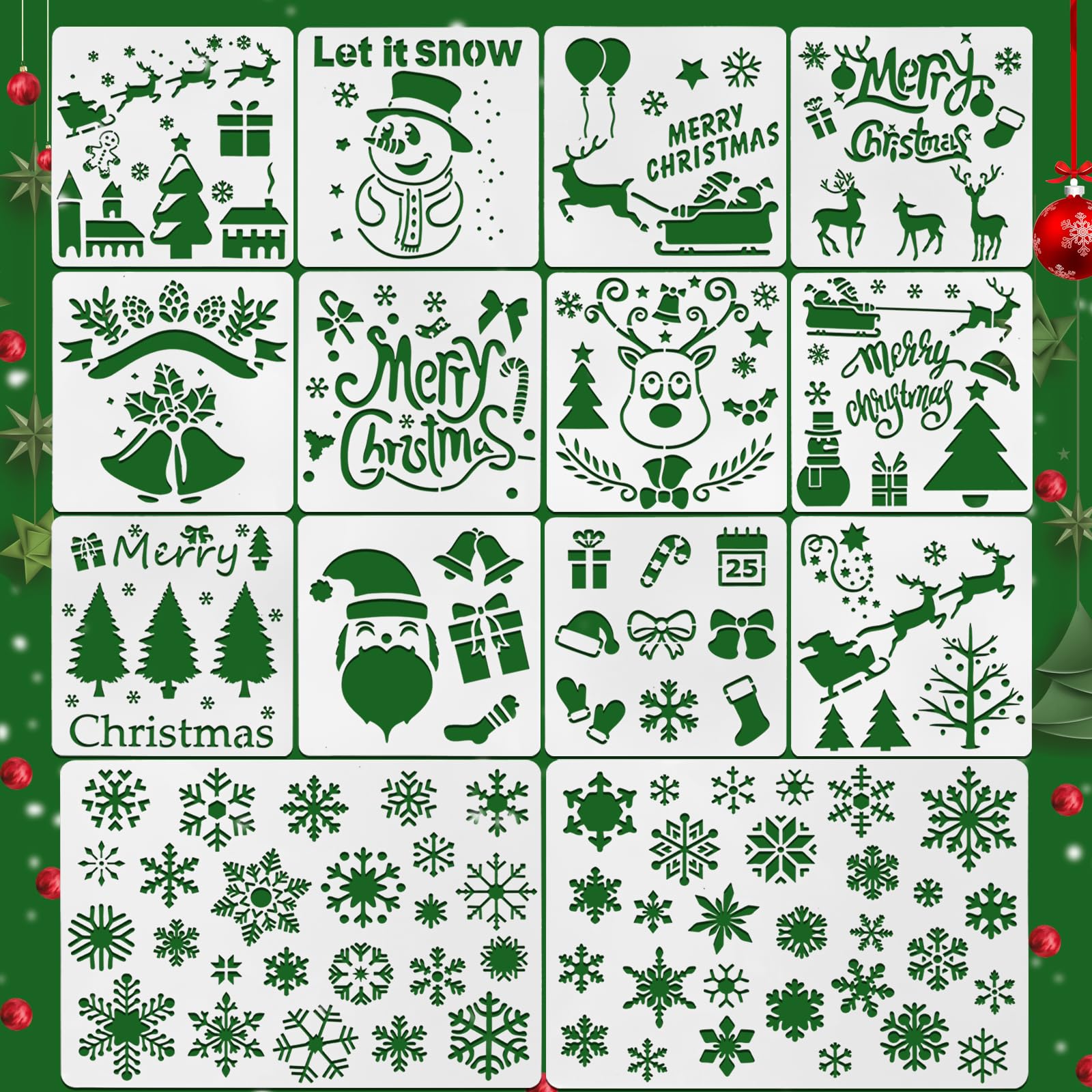 Lot De 12 Pochoirs Noël Réutilisables - 15x15 Cm, Motifs Sapin, Renne, Flocon, Bonhomme De Neige, Etc., Pour DIY Et Décoration