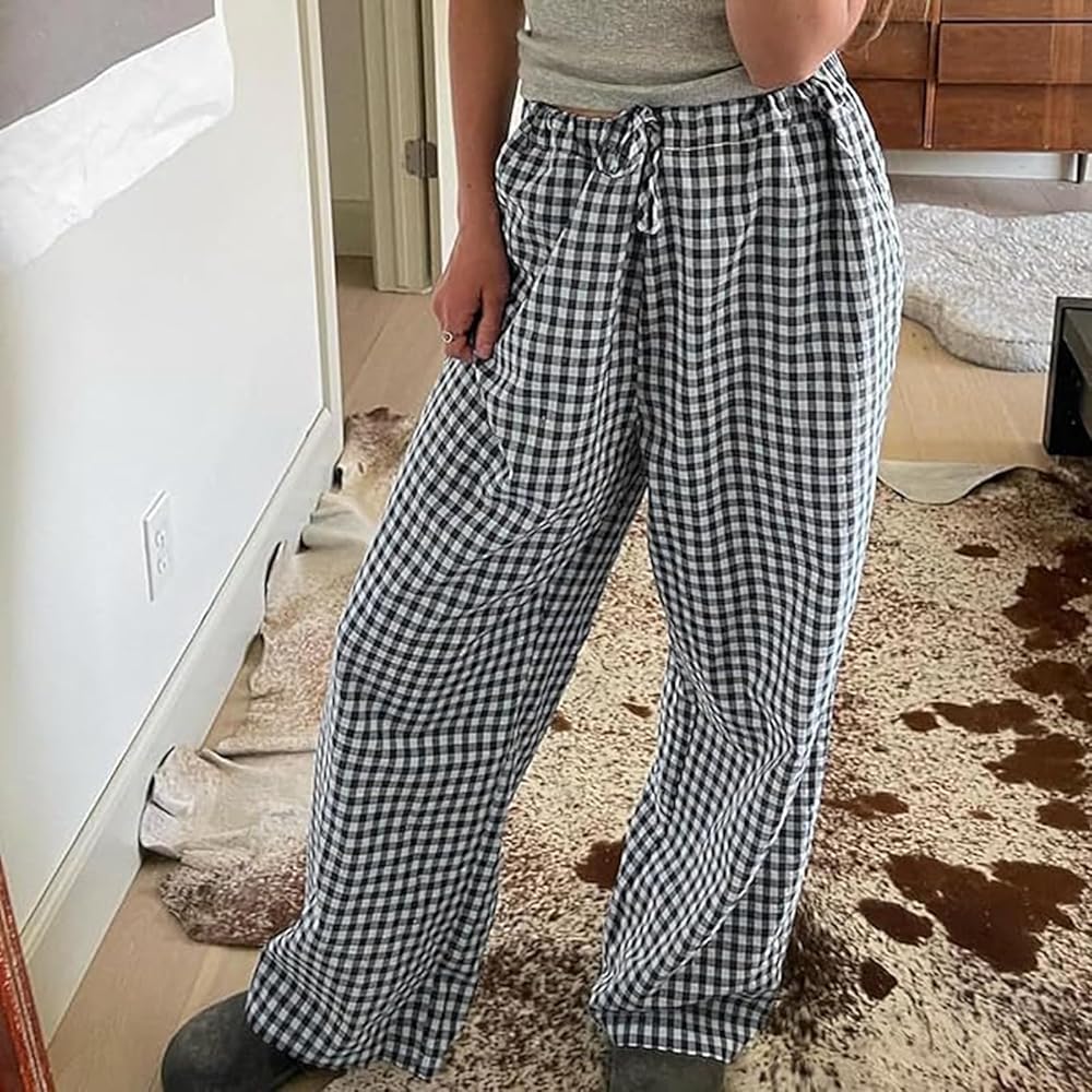 Women Gingham Pajamas Pants Y2K Linen Baggy Wide Leg Lounge