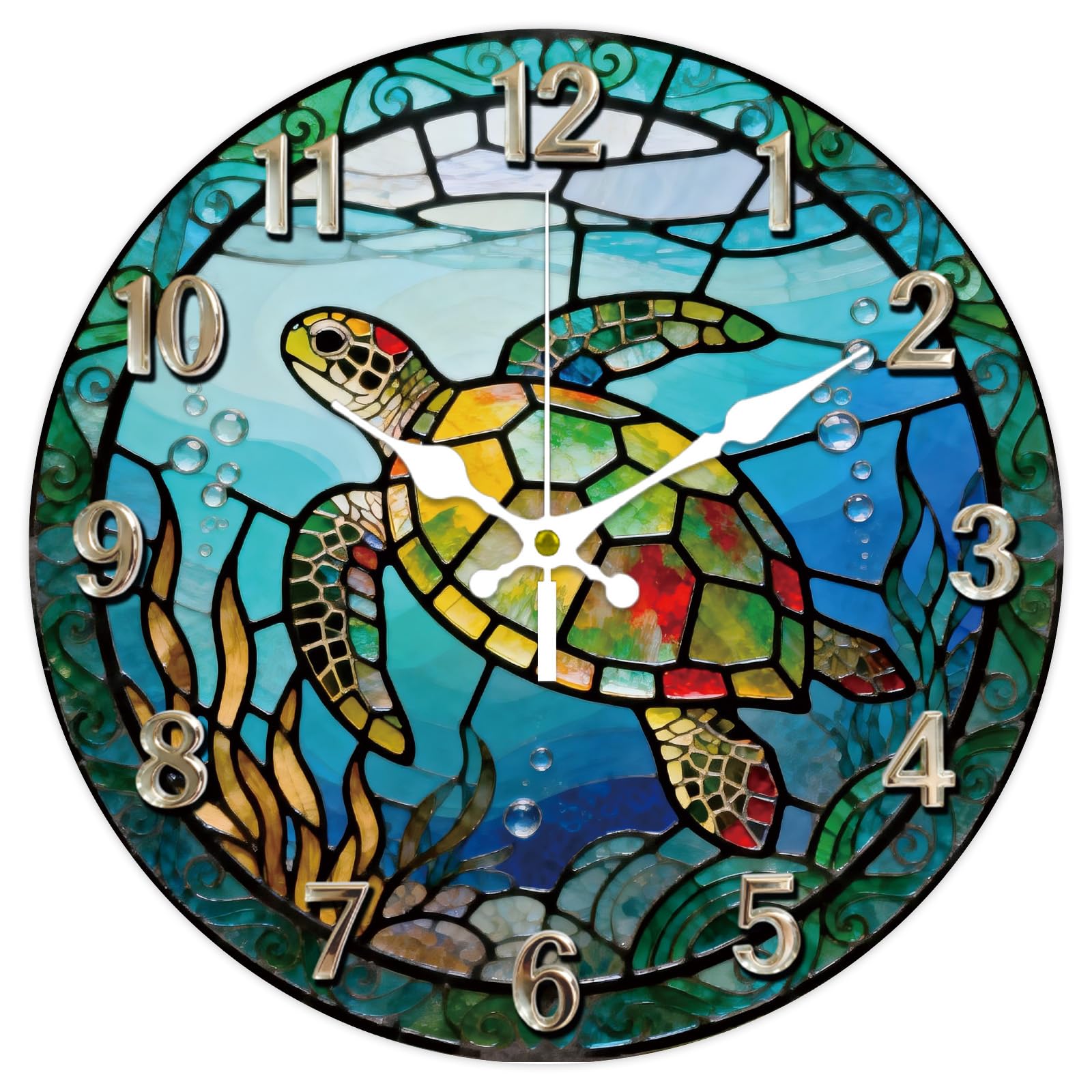 CONCHLERY 12 Inch Colourful Glass Sea Turtle Pattern Round Wall Clock Silent Non Ticking Decorative Clock, for Home Living Room Bedroom Kitchen Office Decor