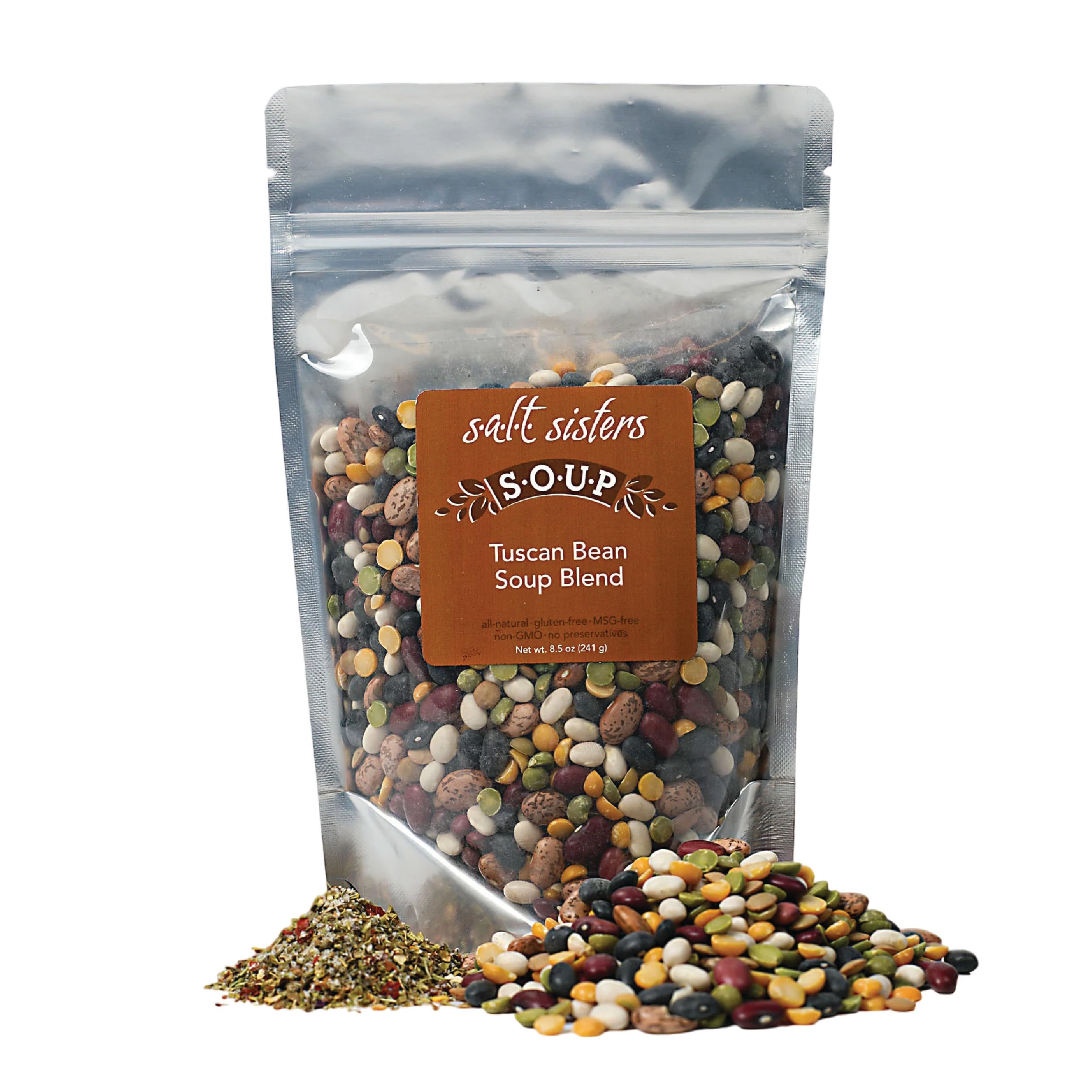 s.a.l.t. sistersTuscan Bean Soup, Unique Dried Bean Blend with Tuscan Farmhouse Seasoning, GMO Free, MSG Free, Resealable Pouch, 8.5 oz