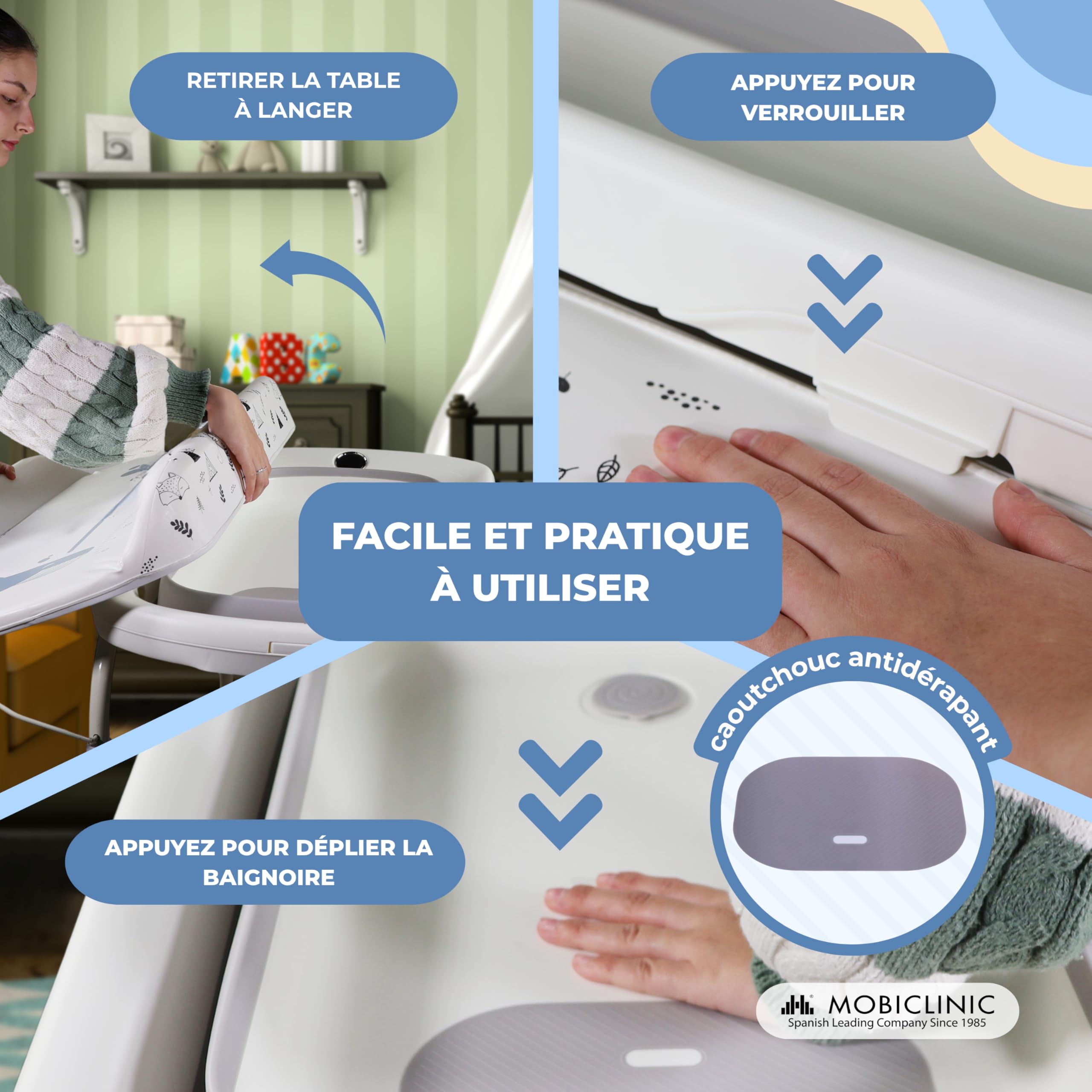 Mobiclinic®, Table à langer 2-en-1 avec baignoire, Trendy, Réglable en 4 hauteurs, Thermomètre, Roues frein, Paniers de rangement, Jusqu'à 50 kg, Tube drainage, 0-36 mois