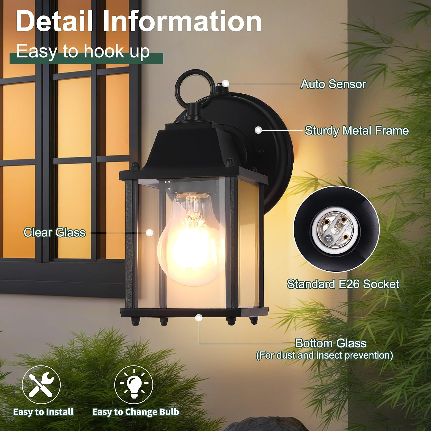 Dawn to Dusk Sensor Outdoor Wall Light Fixtures Waterproof Porch Lights Anti-Rust Black Exterior Lighting Fixtures Outdoor Wall Lantern for House image 4
