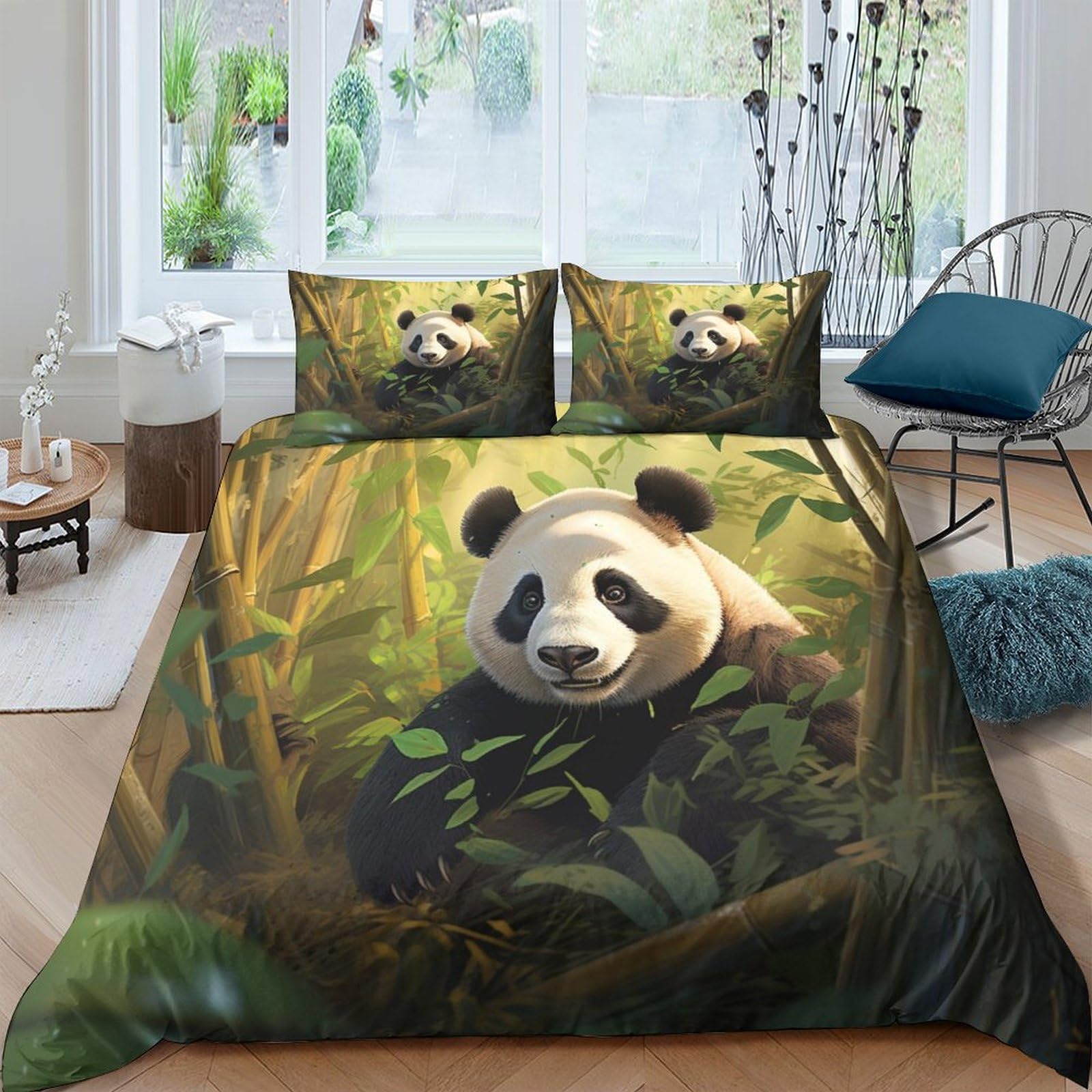 Housse de couette panda 3D verte en microfibre 200x200 cm avec 2 taies d'oreiller pour lit double