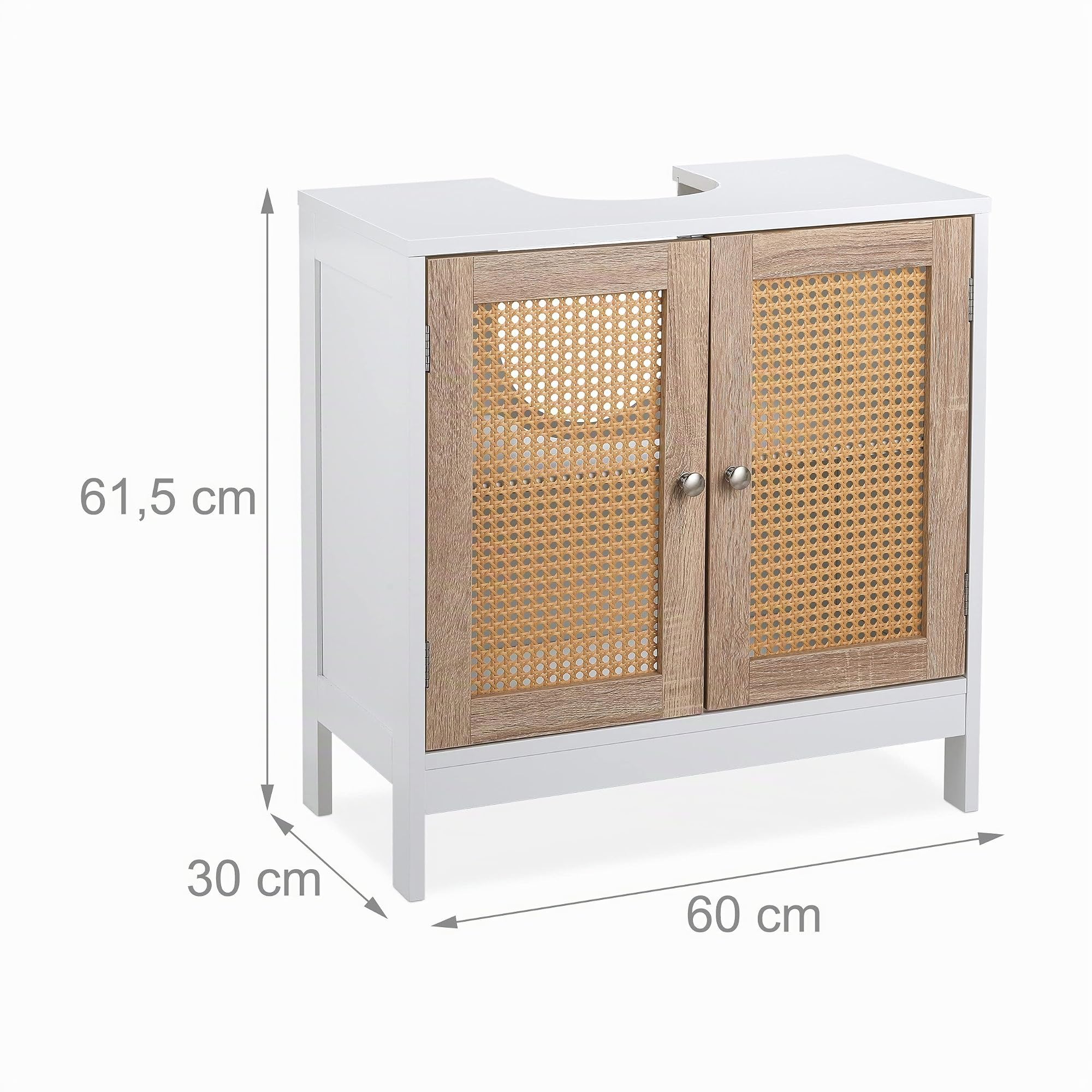 Relaxdays Mobiletto Sottolavabo a 2 Scomparti, Armadietto Lavandino, Ante in Rattan, Spazio per Sifone, Bianco Naturale