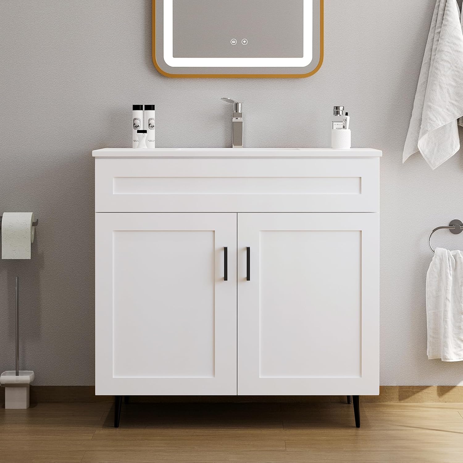 36 Inch Bathroom Vanity with Sink, Modern Wooden Freestanding Bathroom Storage Cabinet with 2 Doors and 1 Drawer, Metal Legs, Painted Surface, White