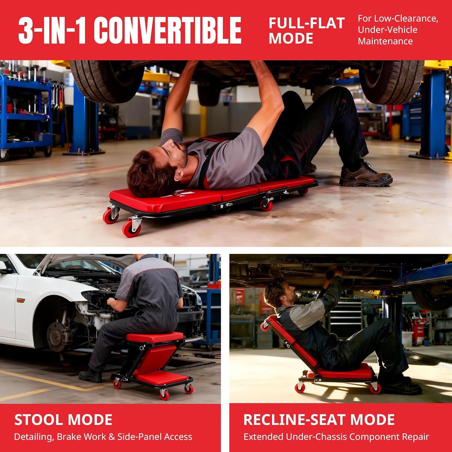 MaxWorks 3-in-1 Rolling Garage Creeper Seat, 36 Inch Z Stool with 6 Wheels, 300 lbs Capacity, Adjustable Folding Mechanic Chair for Auto Repair, Automotive Tools (51247)