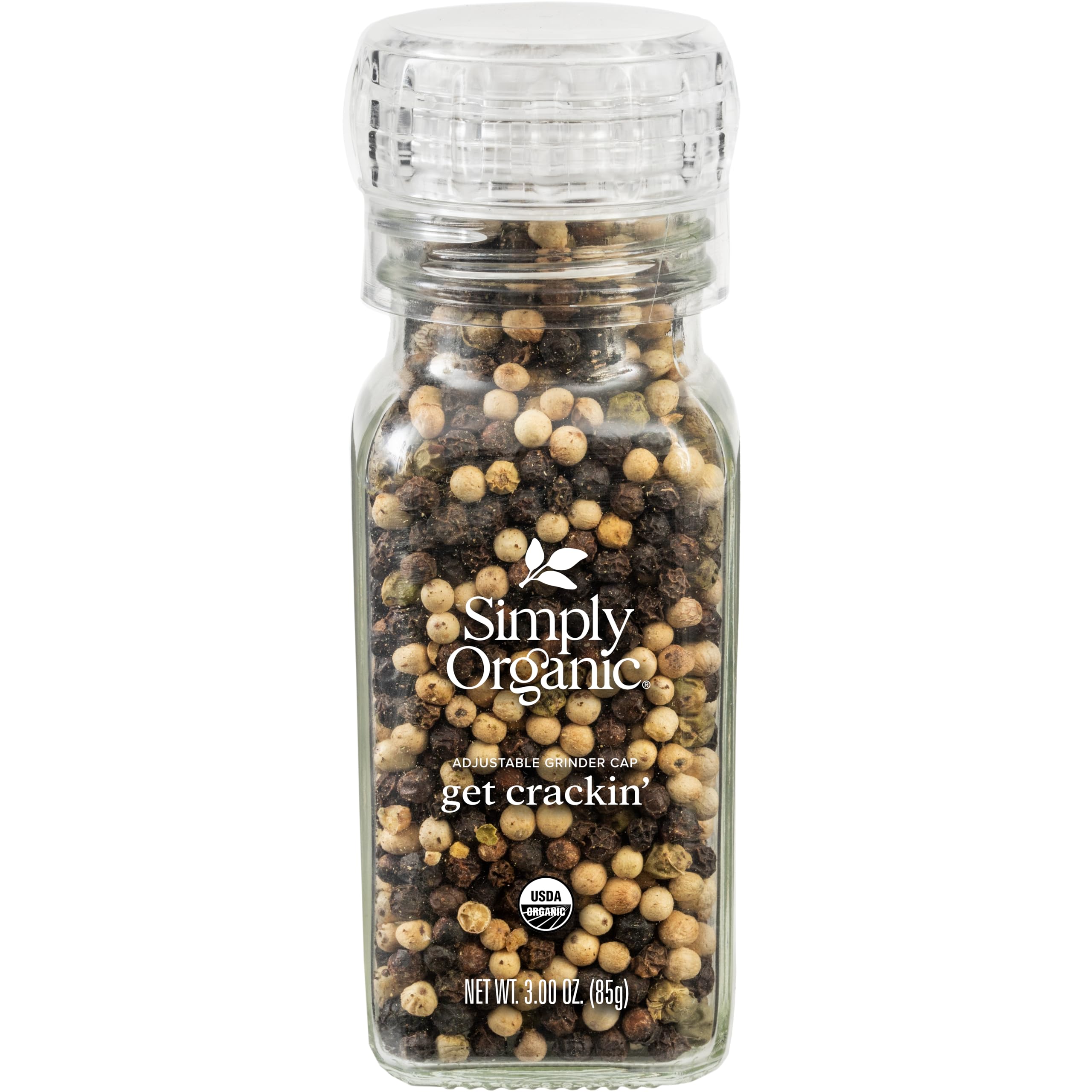 Simply Organic Whole Pepper Grinder, 3 Ounce Bottle, Blend of Black, White and Green Peppercorn for Complex Flavor