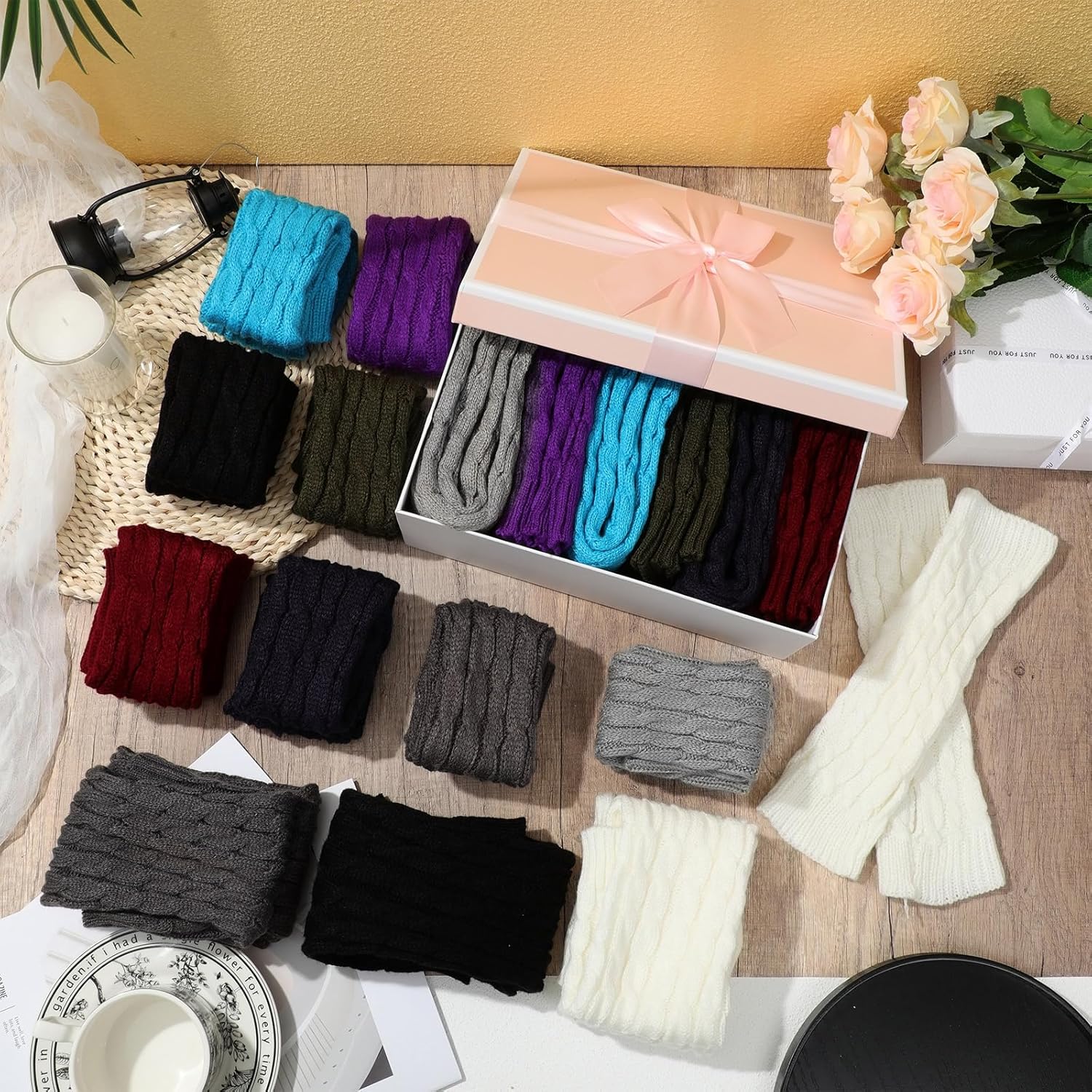 Therwen 18 Pairs Knit Leg Warmers and Arm Warmers Set for Women Winter Sleeve Fingerless Thumb Hole Gloves Mittens