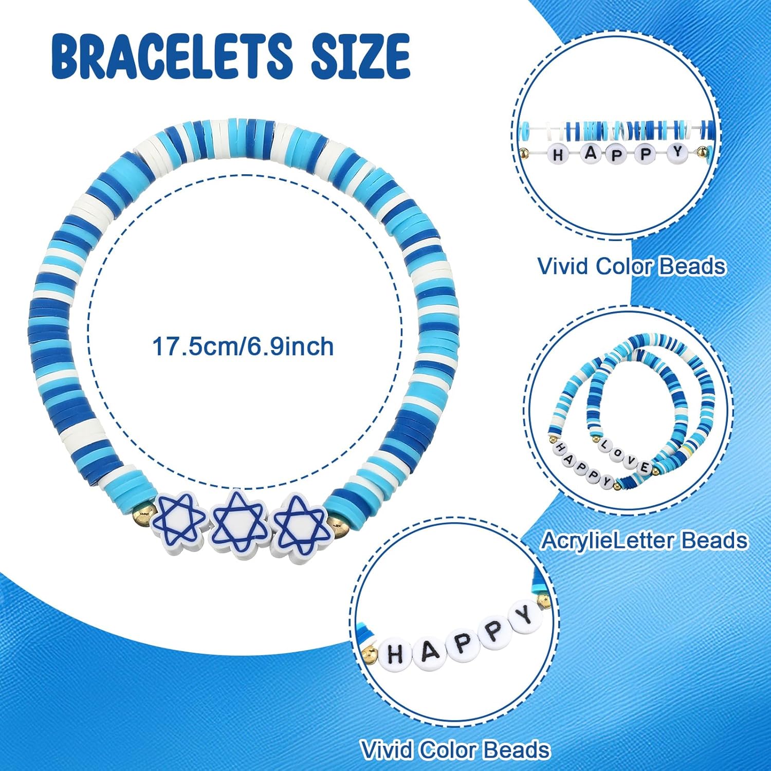 Landical 24 Pcs Hanukkah Beaded Bracelets Hanukkah Gifts Jewish Party Supplies Stack Star of David Menorah Dreidel Charm Bracelets Heishi Celebrating Gift for Women Men Christmas Holiday Party Favors