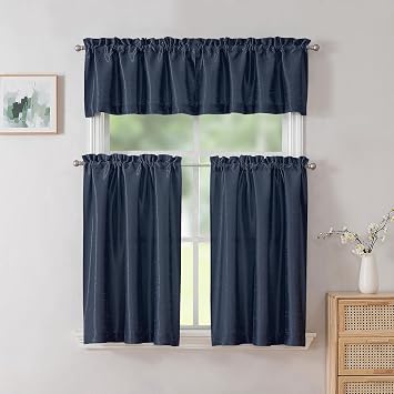 Chyhomenyc Uptown Navy Blue Kitchen Tier Curtains 36 Inch Length 2 Panels, Faux Silk Room Darkening Privacy Short Curtains for Small Window Farmhouse Bedroom Basement Bathroom, Each 30x36 Inch,