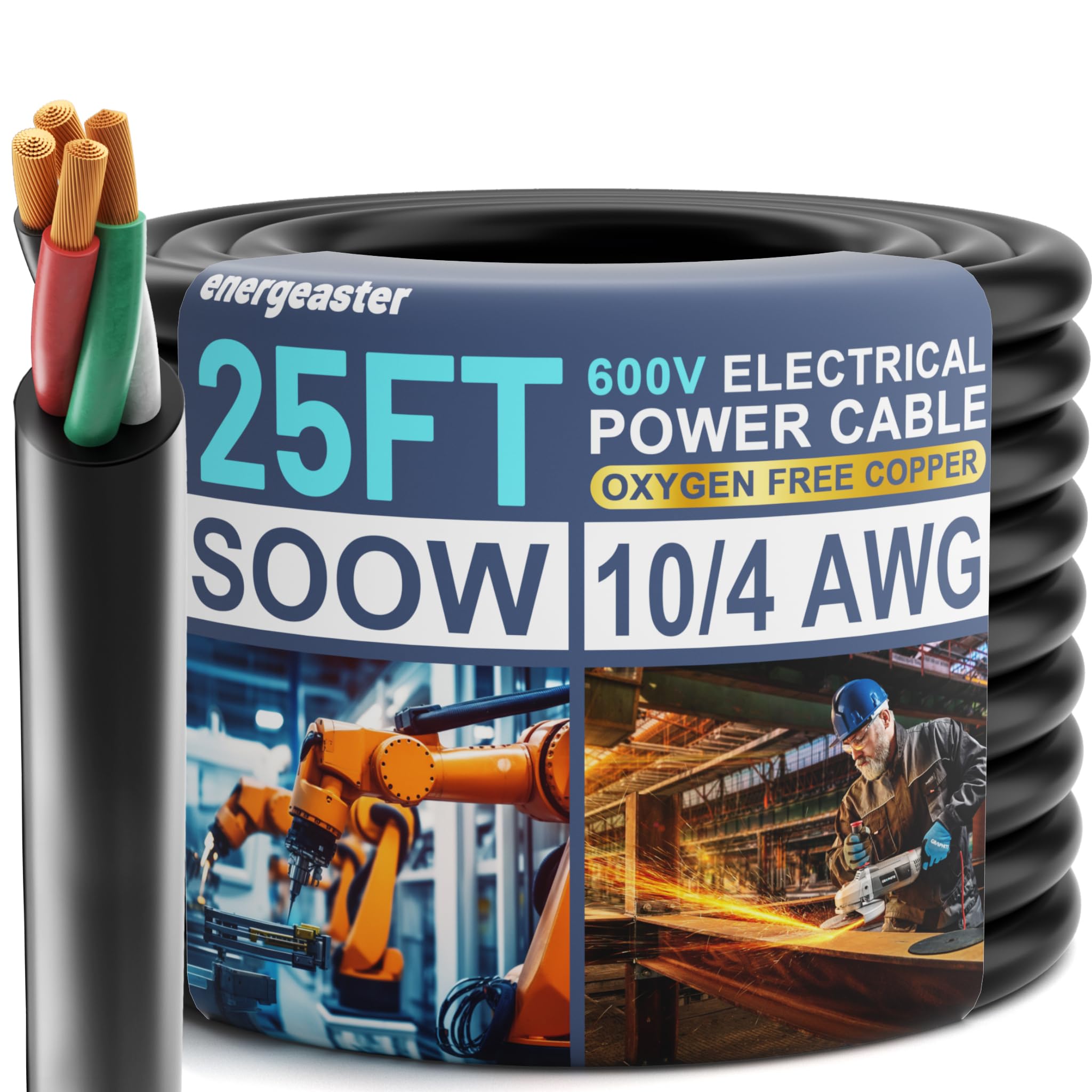 Electric 10/4 SOOW Bulk Cable-10 Gauge 4 Conductor-Rated for 600V, 30A -Water & Oil Resistant Cable for Industrial & Residential Use-Ideal for Generators,Circuits,Data Centers(25 Foot)