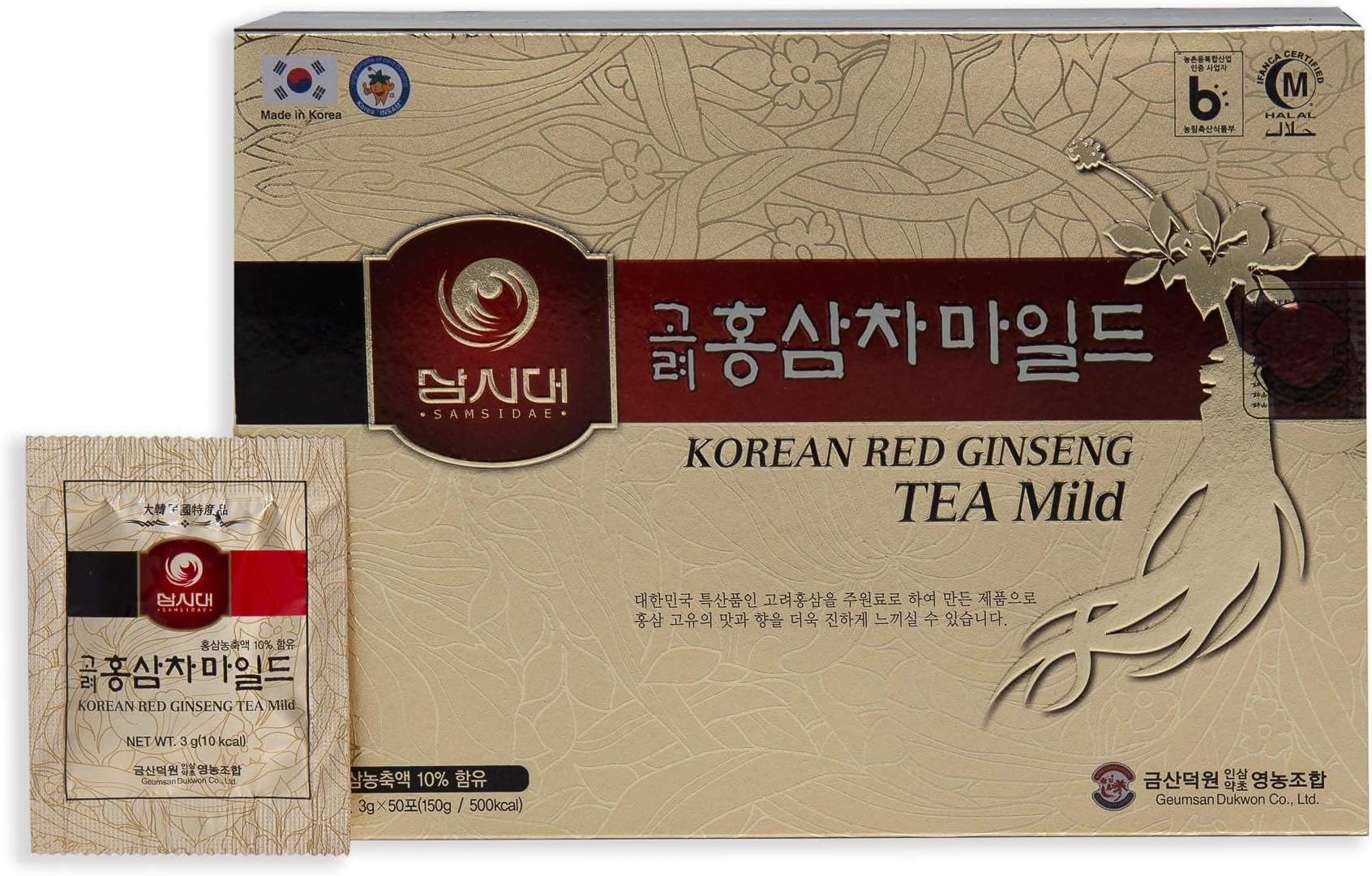 SAMSIDAE Korean Panax Red Ginseng Tea, Box of 50 Bags, Improves Blood Circulation, Intellectual Performances and Memory, stimulates Energy