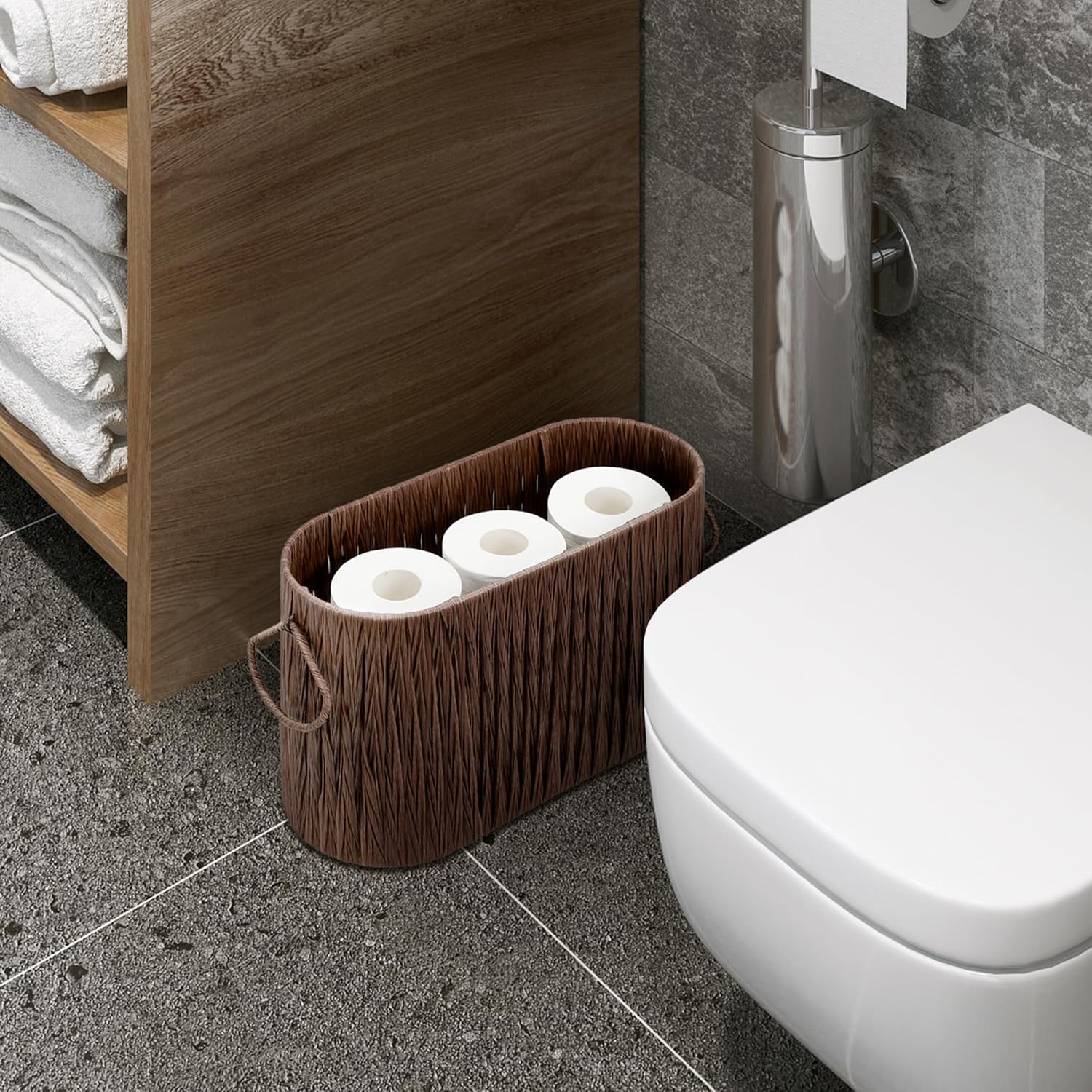 Wicker Toilet Paper Storage Holder, Narrow Woven Basket for Extra Paper Rolls, Waterproof Bathroom Toilet Organizer, Free Standing for 6 Mega Rolls, Brown