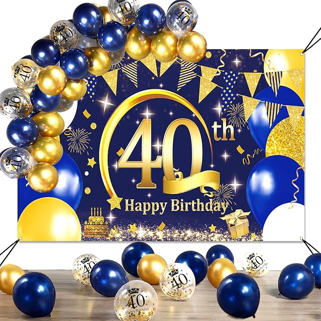 40th Birthday Banner Balloons, 40th Birthday Decoration Men Women Navy Blue Balloons Gold Confetti Balloons, 40th Happy Birthday Banner Poster Party Decorations, 40th Birthday Photo Booth Backdrop