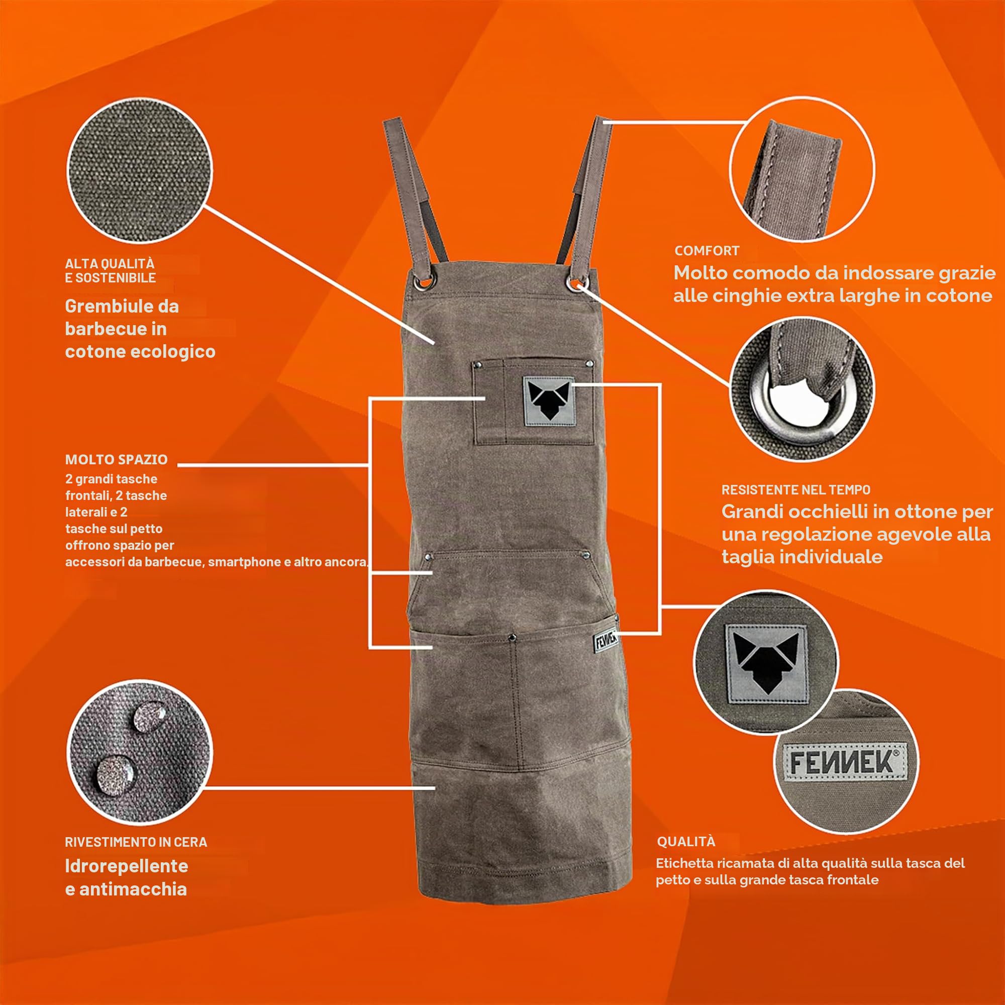 Fennek Grembiule per barbecue, finitura di alta qualità, con impregnazione mediante strato di cera, grigio, taglia unica
