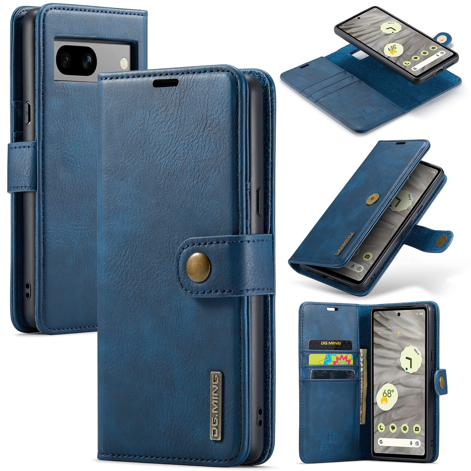 for Google Pixel 8A Genuine Leather Wallet Case, Detachable 2 in 1 Split Leather Wallet Phone Cover,Magnetic Pouch Shell (Blue) (Blue)