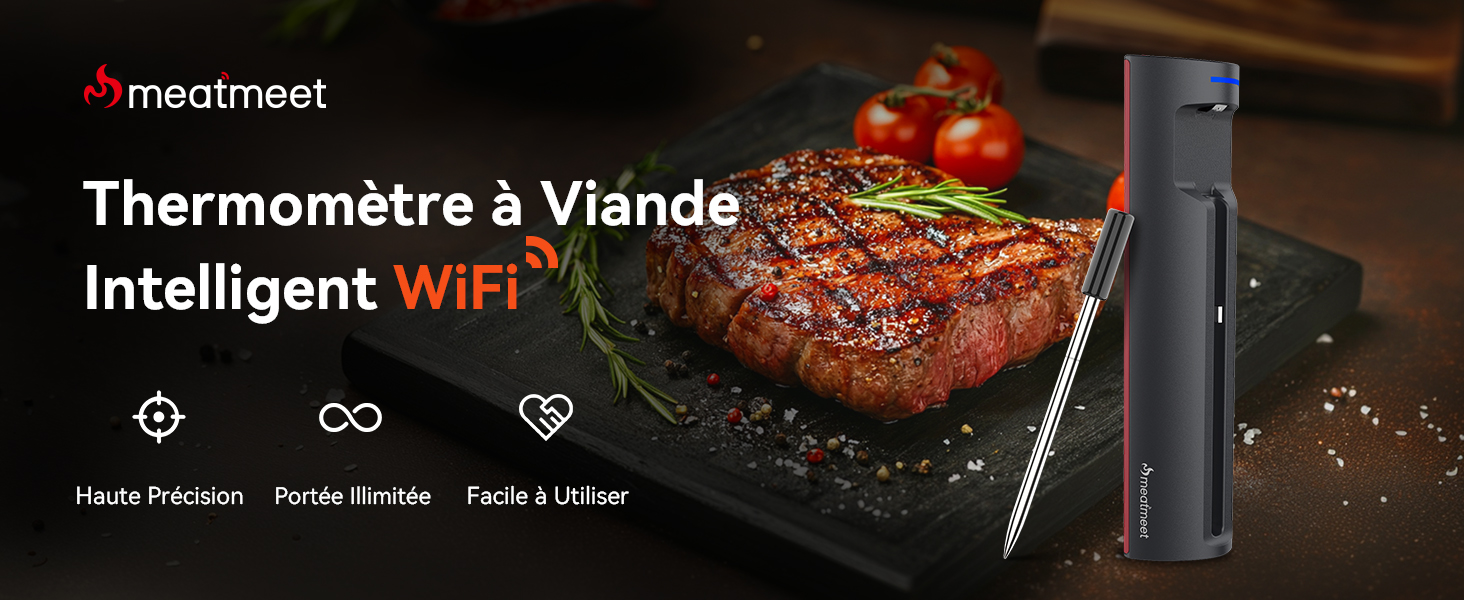 Thermomètre à Viande Connecté Meatmeet Pro - Wi-Fi/Bluetooth, Étanche IP67, App Mobile