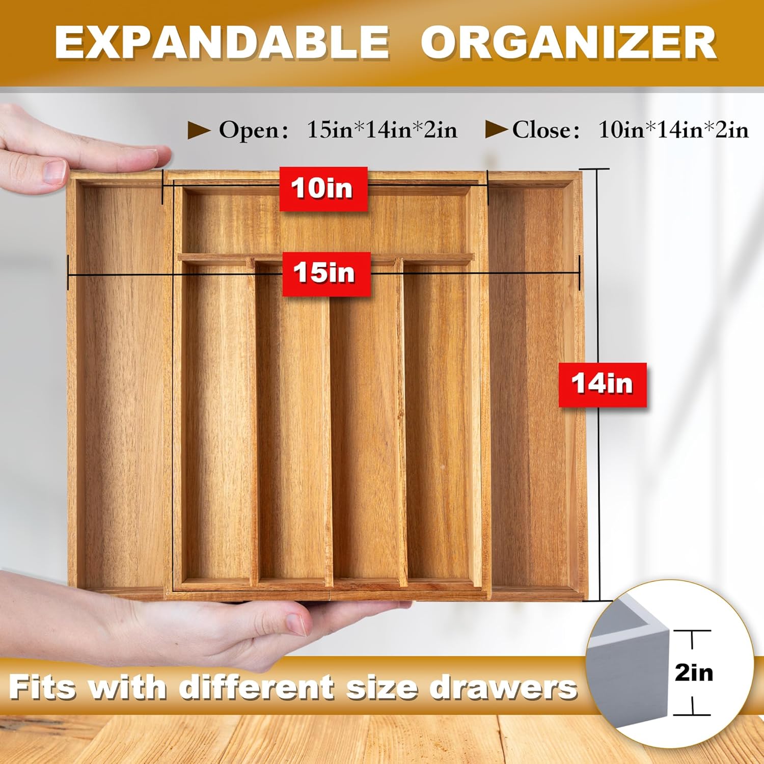 Besilord Expandable Utensil Organizer Silverware Organizer for Kitchen Adjustable Utensils Holder Acacia Large Flatware Silverware Cutlery in Drawer (7 Slot, Acacia)