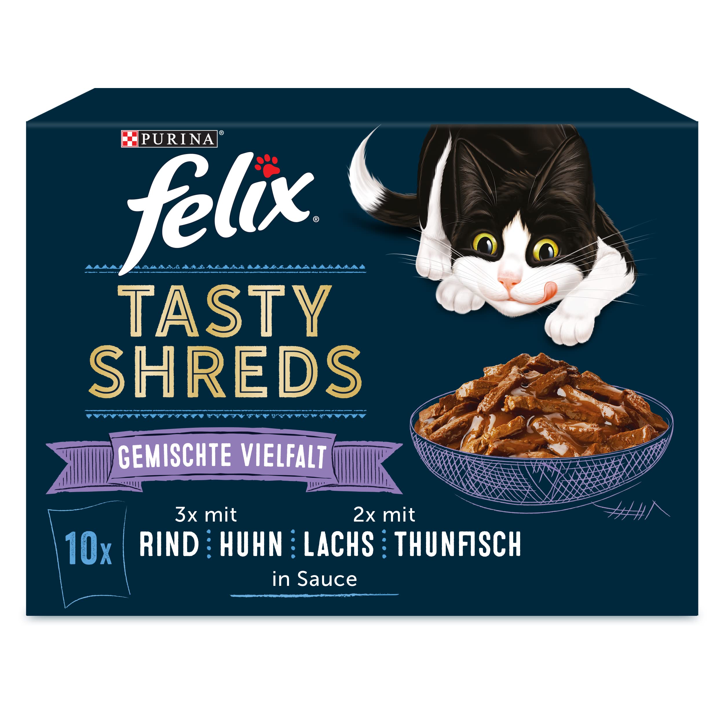 Felix Tasty Shreds Katzenfutter nass in Sauce, Geschmacksvielfalt Sorten-Mix, 6er Pack (6 x 10 Beutel à 80g)