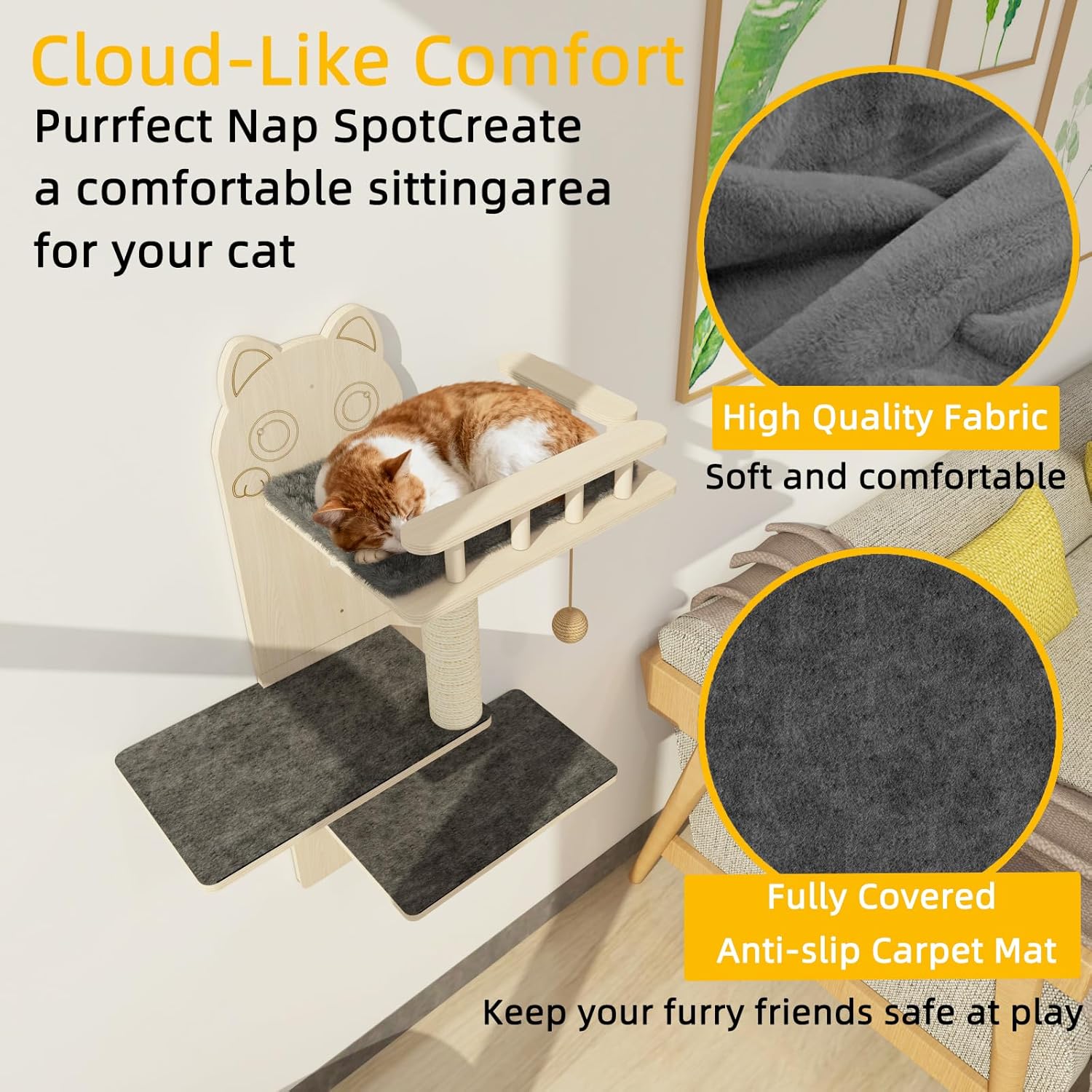 Cat Wall Shelves, 3 Platform Kitten Wall Furniture, DIY for Painting Cats Scratching Post with Sisal Scratching Post and Ball Toy