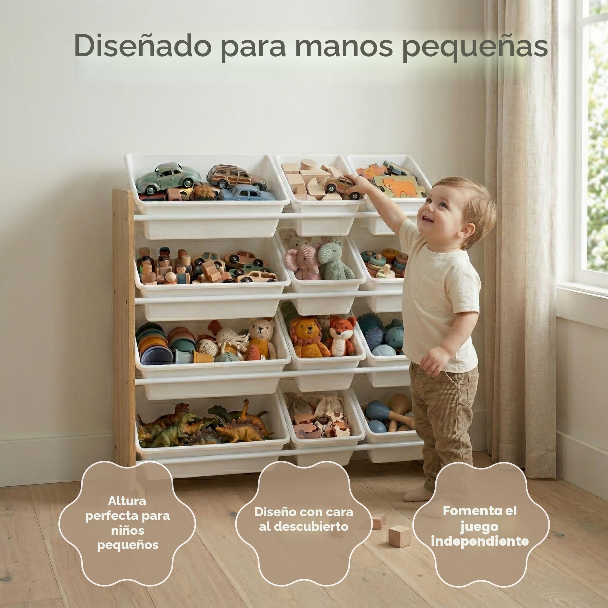 Humble Crew WO70526 Estantería para Niños - Estantería Organizadora para Juguetes con 12 Cajas de Almacenamiento, Natural/Blanco