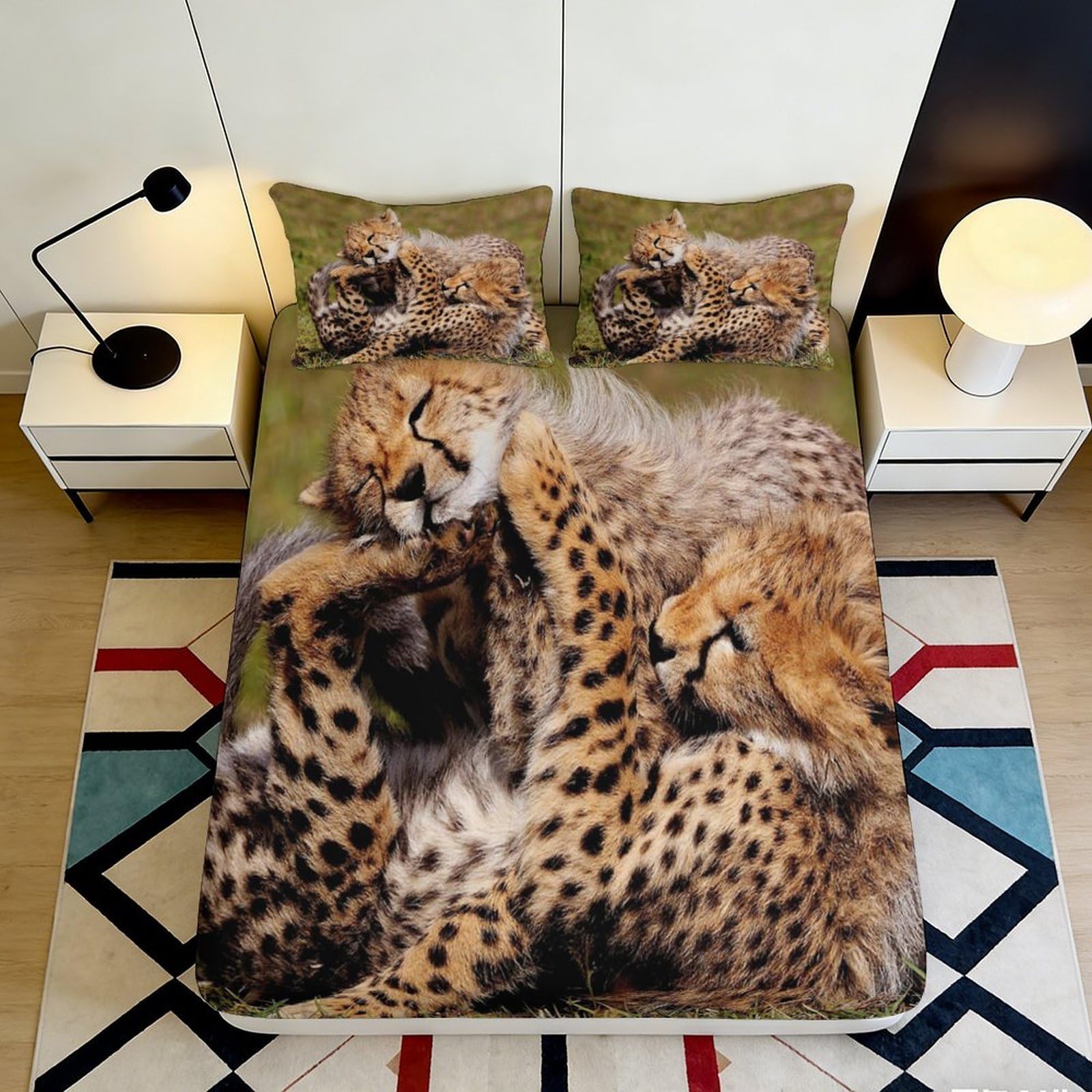 3D Printed Cheetah Family Fitted Sheet Microfiber Soft Breathable Wildlife Mattress Cover for Bedroom Dorm Decor 90x200x25cm