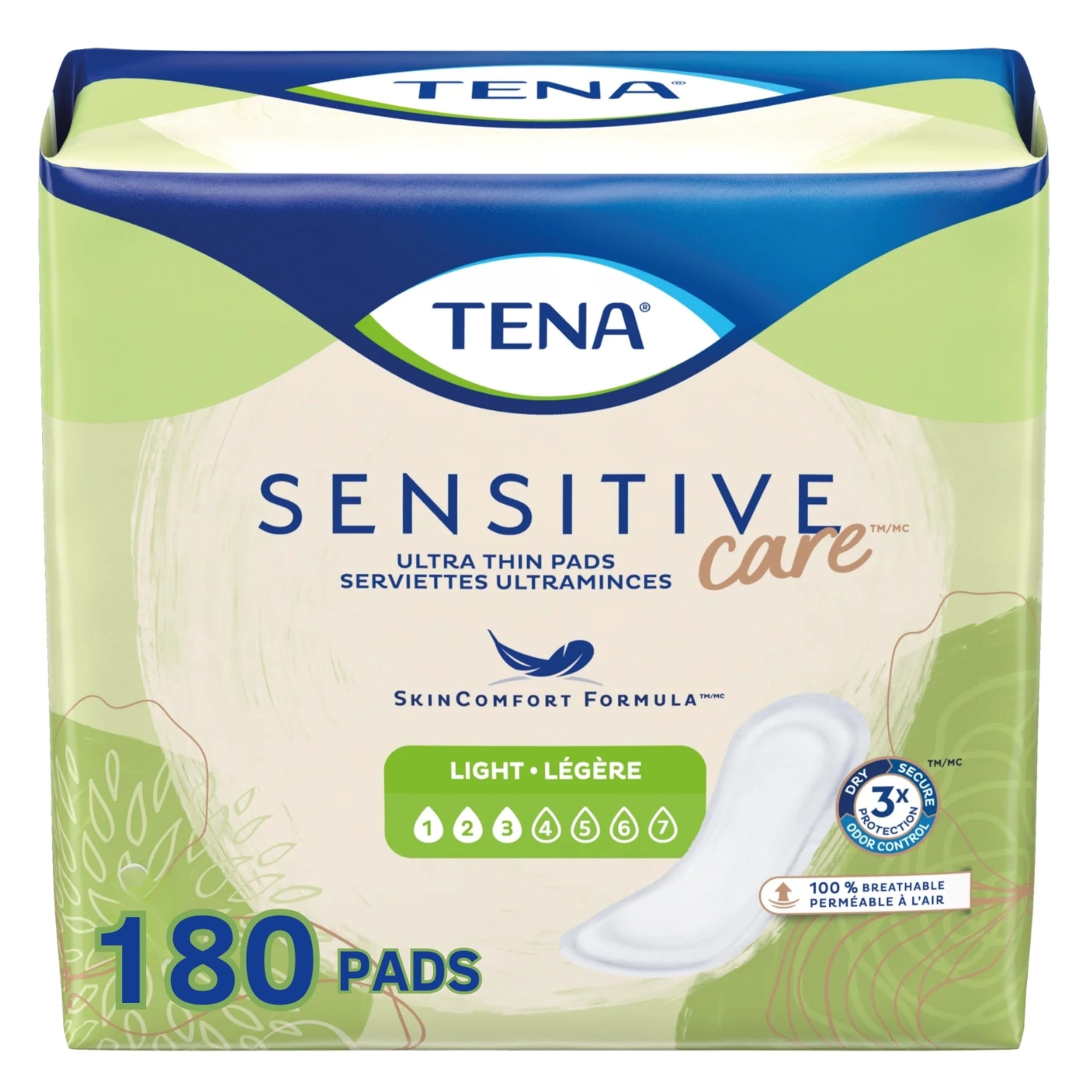 Tena Incontinence Pads, Bladder Control & Postpartum for Women, Ultra Light Thin Absorbency, Regular Length, Sensitive Care - 180 Count