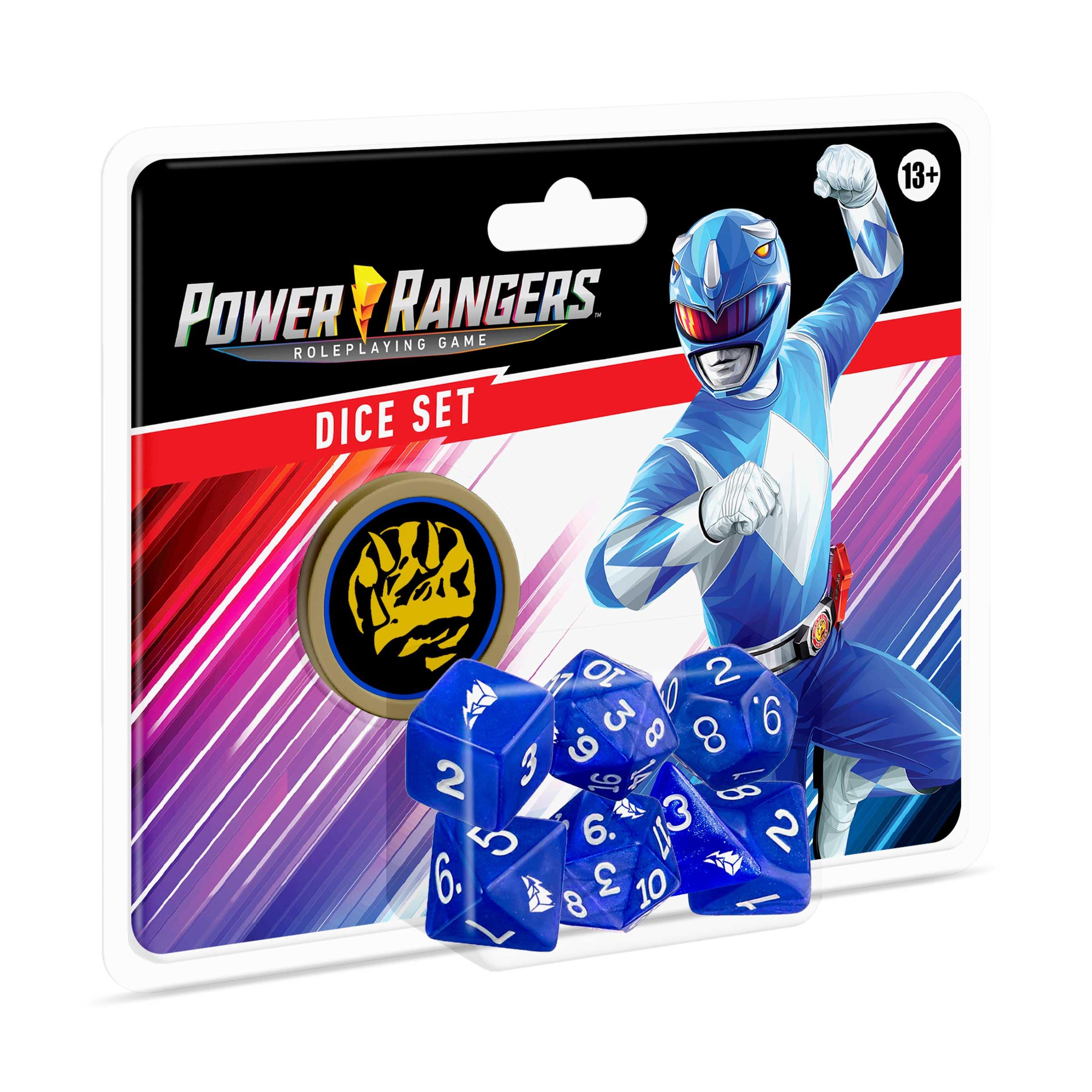 Renegade Game Studios Power Rangers Roleplaying Game Dice- Blue 8-Piece Dice Set, Custom Dice, Power Coin