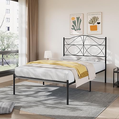 Miniatura 53 de VECELO Base de cama de plataforma metálica de tamaño matrimonial con cabecera y estribo, base de colchón de soporte de listones resistentes, no