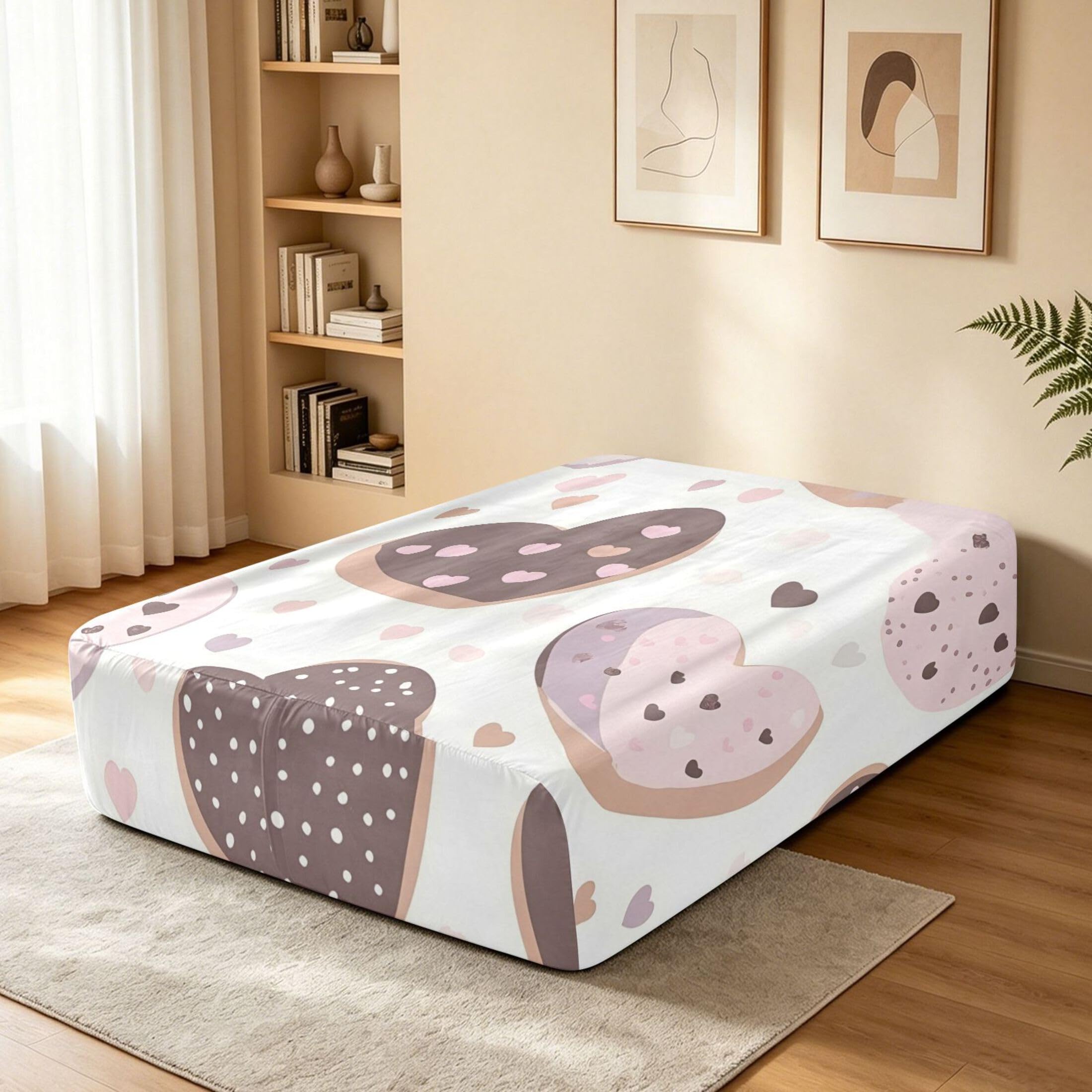 Sábana bajera ajustable individual con diseño de rosquillas de corazón, bolsillo extra profundo de 24 pulgadas, funda suave y transpirable con apertura de válvula de cremallera para cama de