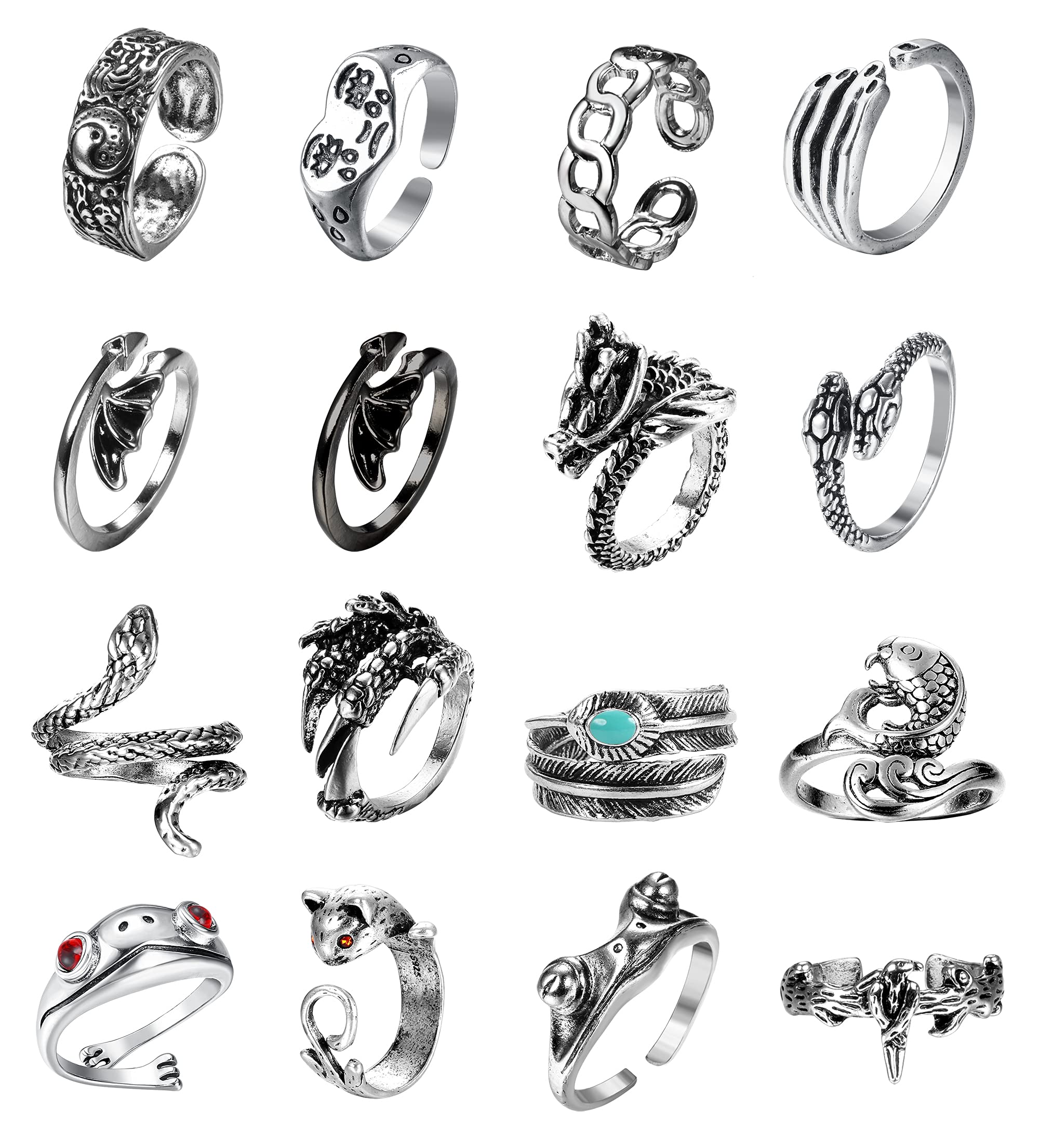 CASSIECA16 Pcs Vintage Open Frog Rings Set Knuckle Stacking Ring Hug Rings Cute Animal Snake Ring Claw Dragon Statement Biker Cool Goth Rings Boho Finger Rings for Women Men Girls
