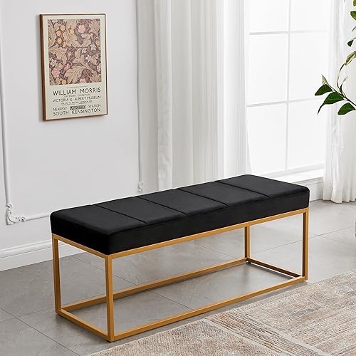 Miniatura 3 de Befurtori Banco de terciopelo para dormitorio, banco tapizado en el extremo de la cama con marco de metal, moderno banco de entrada de canal