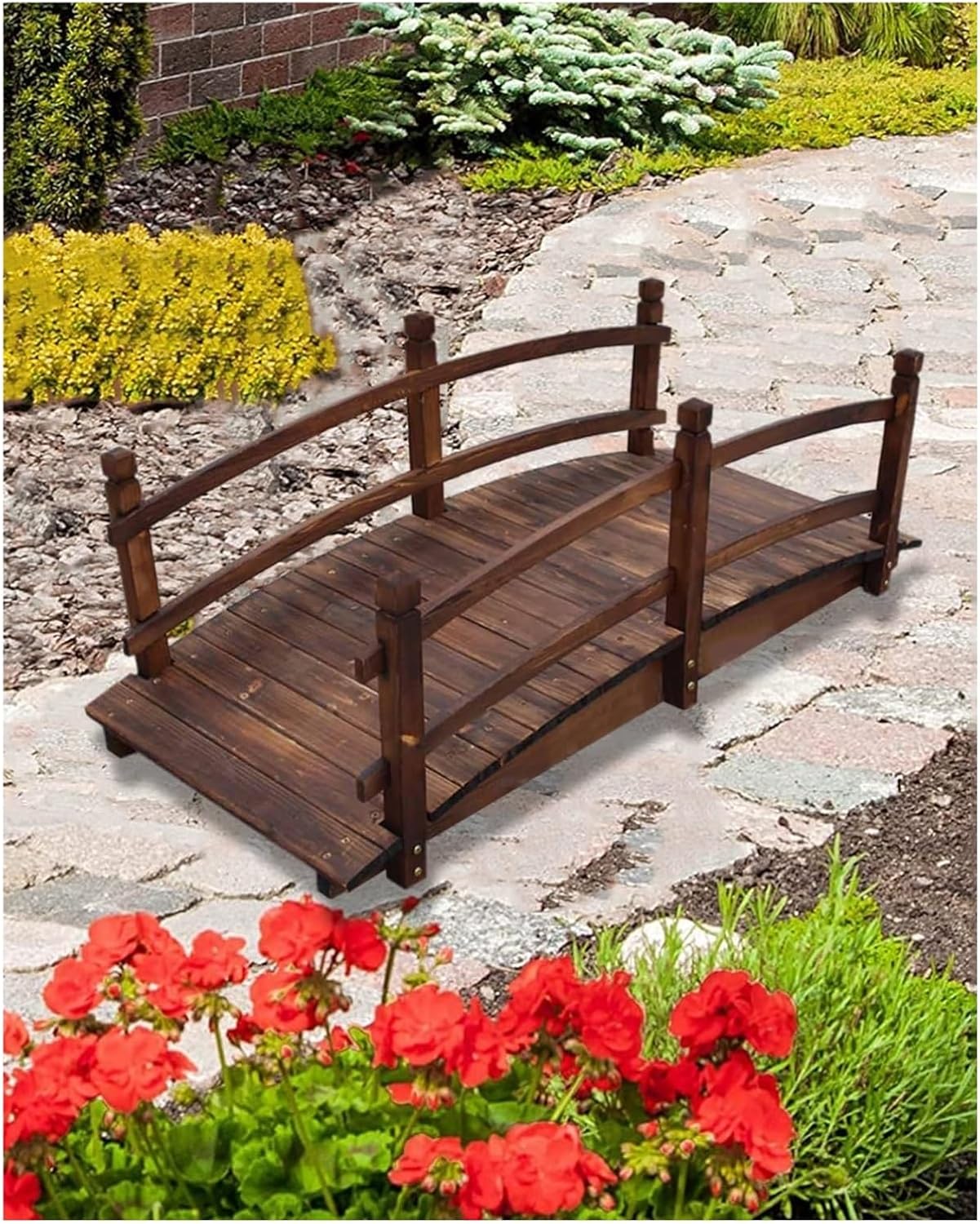 Wooden Garden Bridge, Wood Arc Footbridge, Outdoors Arch Walkway Bridge with Railing, Rustic Walking Bridge for Landscaping Backyard Path(150cm (5ft))