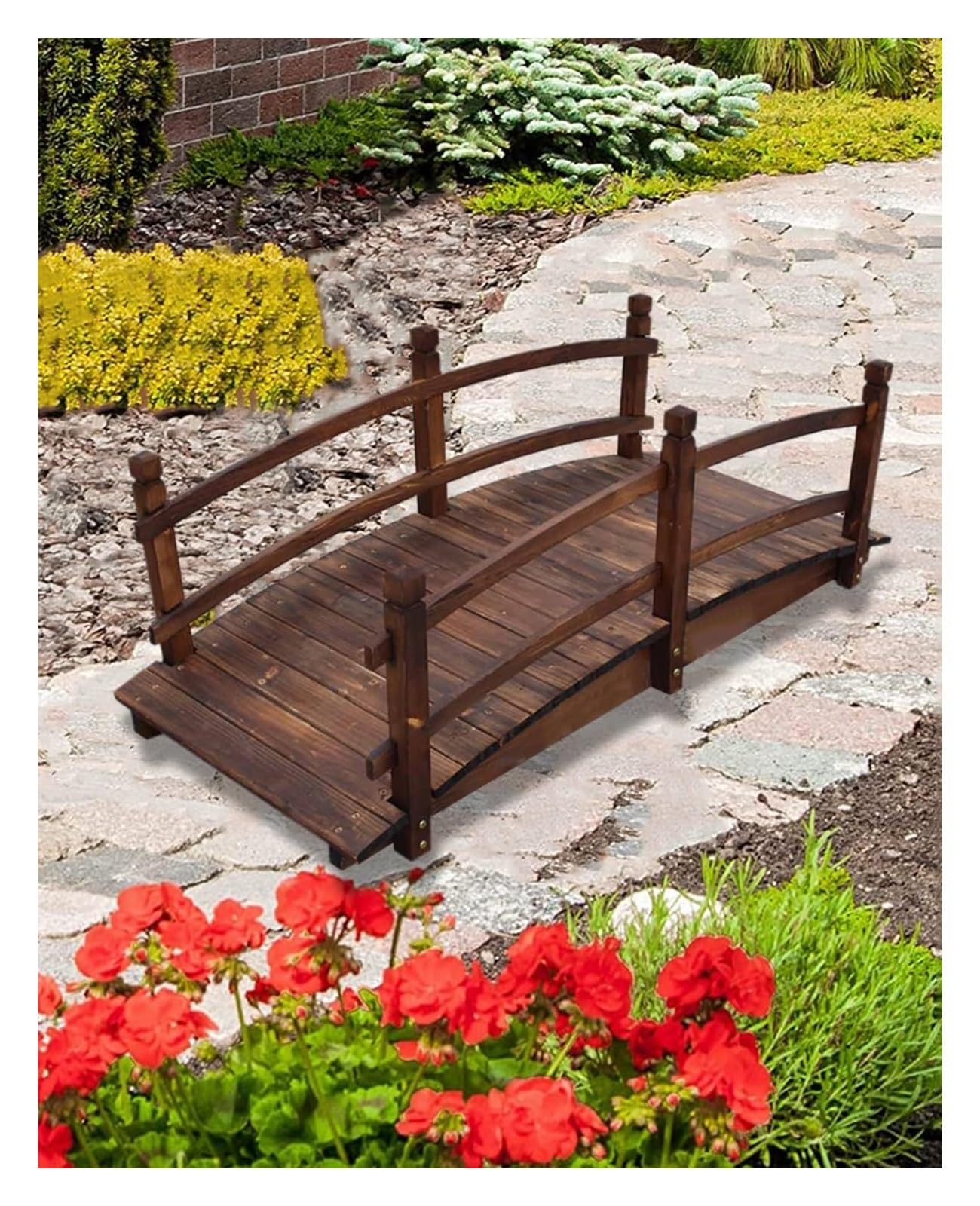 Wooden Garden Bridge, Wood Arc Footbridge, Outdoors Arch Walkway Bridge with Railing, Rustic Walking Bridge for Landscaping Backyard Path(150cm (5ft))
