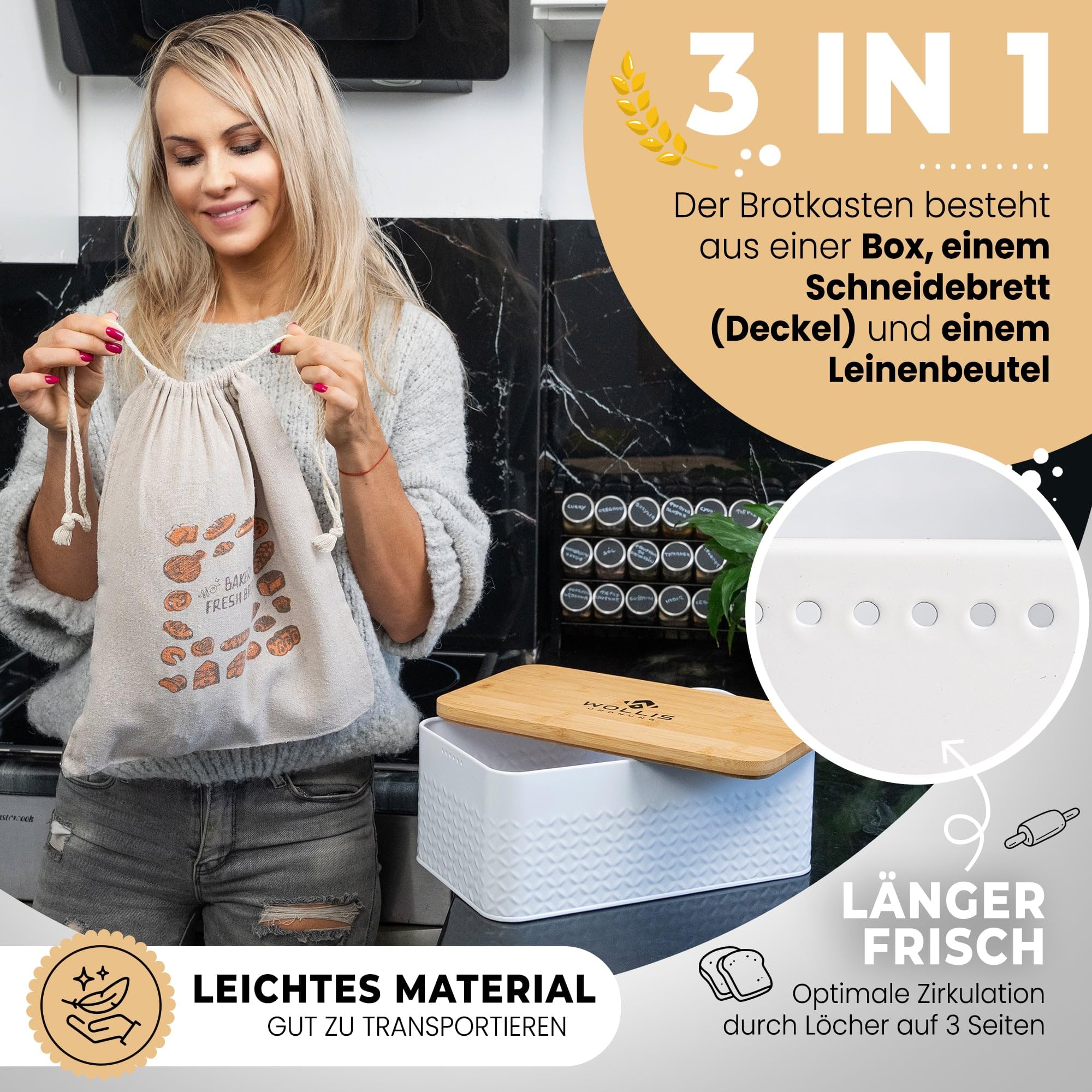 Brotkasten I Brotbox aus Metall mit Leinenbeutel I hochwertiger stabiler Bambusdeckel verwendbar als Schneidebrett I 33x19x13cm (whity)