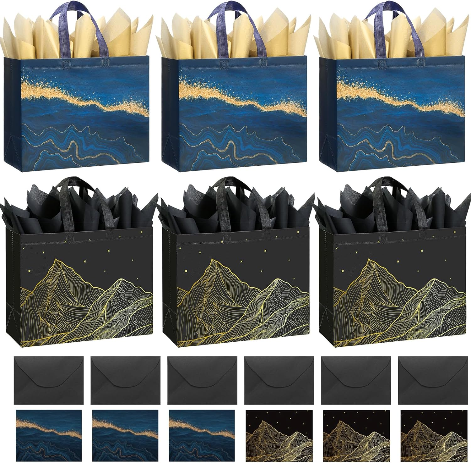 STYPOP 13" Large Gift Bags with Tissue Paper, 6 Pack Reusable Non-woven Happy Birthday Gift Bag with Handles, Perfect Gifts for Men & Women (Black, Blue).