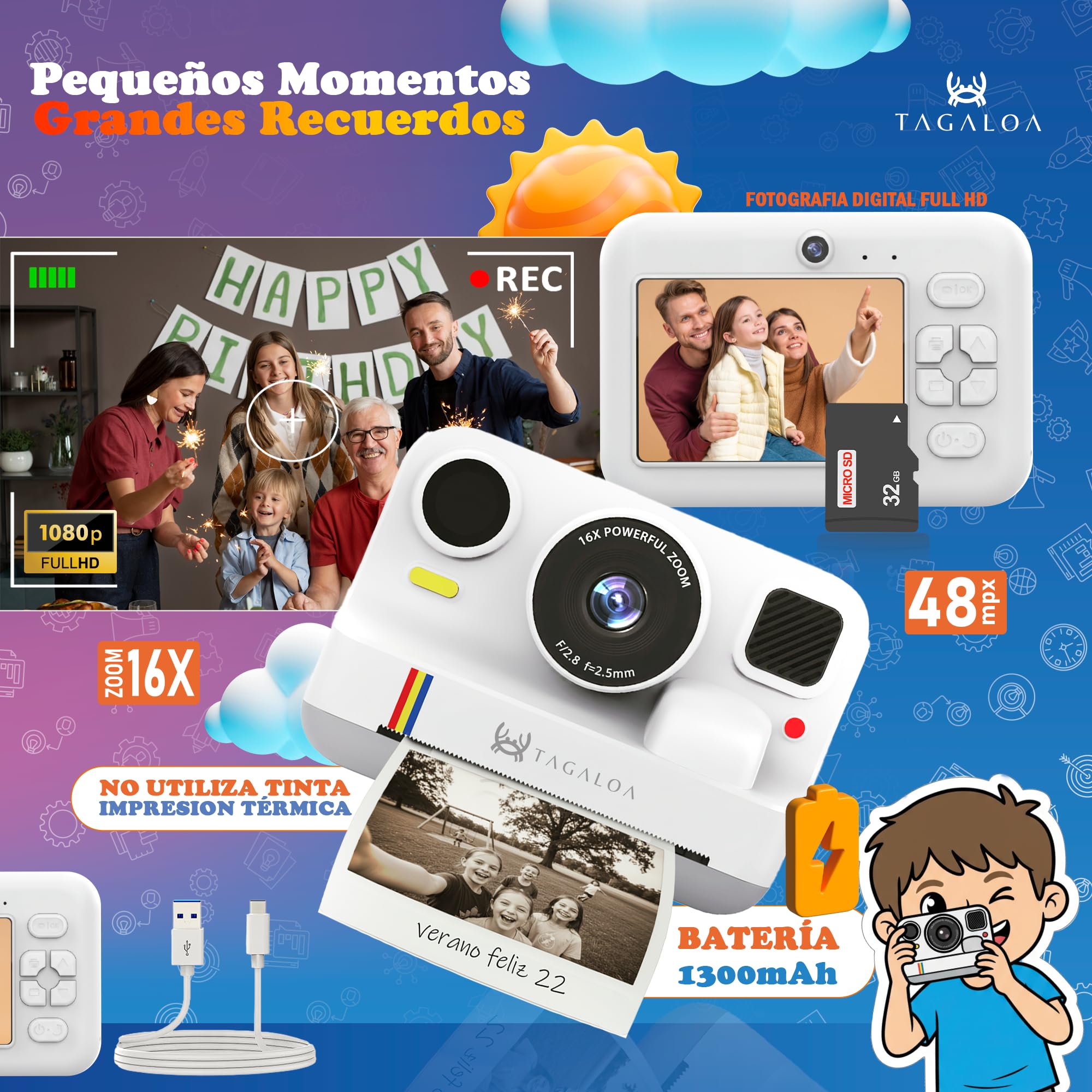 | TAGALOA® | Camara Fotos Infantil Instantaneas | 48MP con Impresión Térmica, Pantalla 2,4", Vídeo 1080P, Tarjeta SD 32GB y 3 Rollos Papel – Cámara Digital para Niños y Niñas de 3 a 12 Años (Blanco)