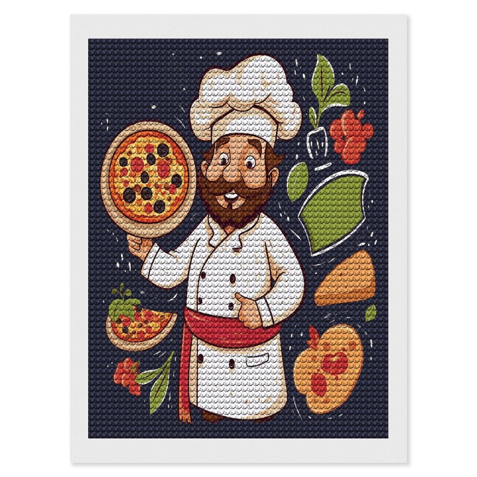 FodPand Chef Pizza Diamond Art Kits for Adults Diamond Painting Kits for Beginner 5D DIY Full Round Drill Diamond Dot Painting Gem Art Crafts for Home Wall Decor