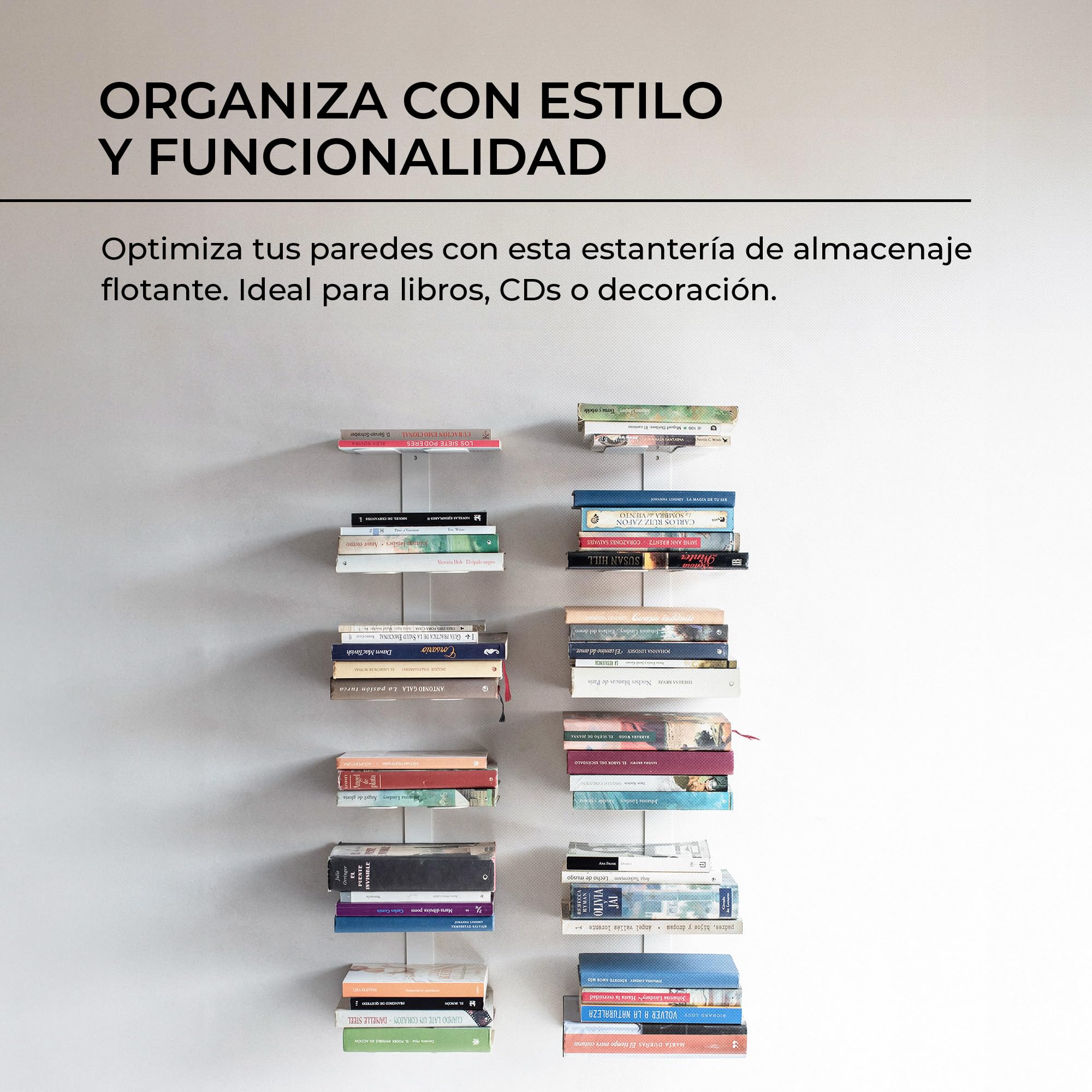 MILUKA Libreria Estanteria Pared Libros 35 cm, Pack 2 Columnas en Vertical | Libreria modular Invisible, 6 Estantes, Estantería Flotante para Libros en metal blanco, Librero pared moderno, biblioteca