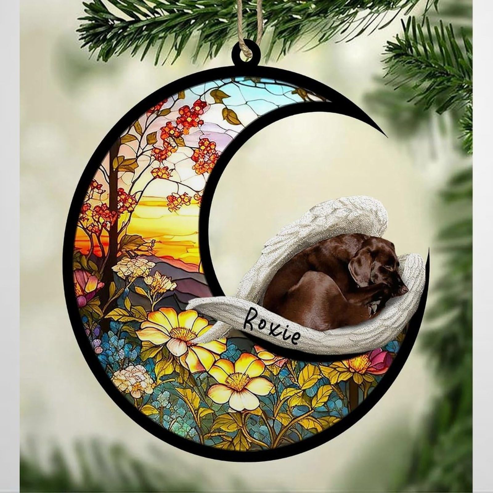 Luckluccy Chocolate Labrador Personalized Dog Memorial Suncatcher, Christmas Ornament With Name,Pet Loss Catcher,Gifts For Dog Lovers Loss Of Dog, Sleep On Haven